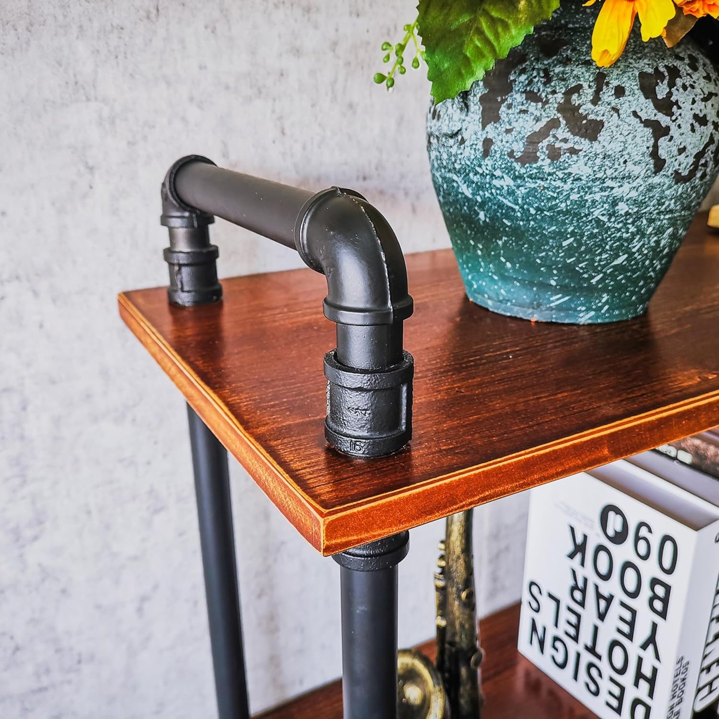 3 Tier Long Industrial Bookshelf, 3 Realwood Industrial Pipe Bookshelf for Living Room, Entry, Office (Rustic Brown, 60" L x 11.8" W x 39" H)