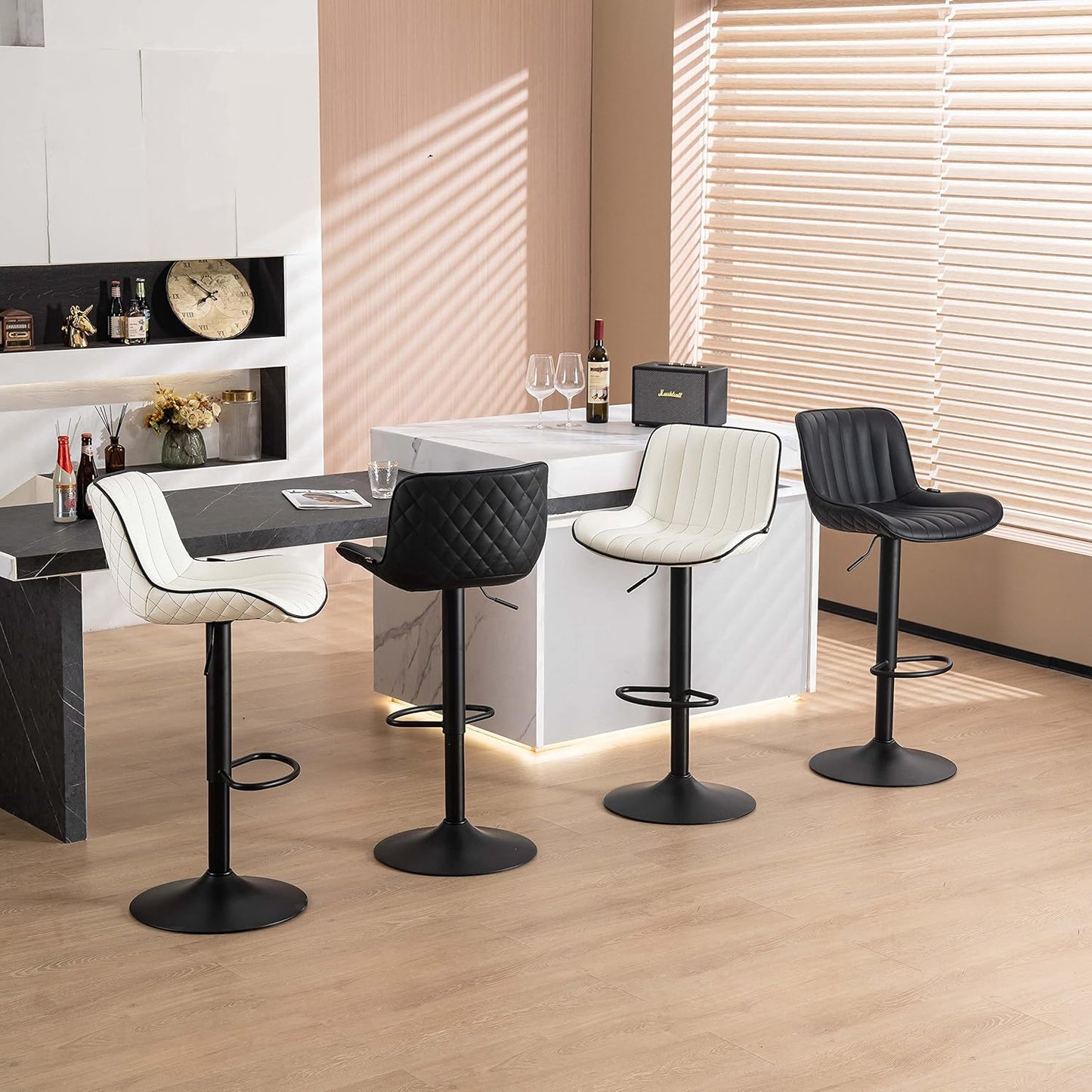 YOUNUOKE Bar Stools Set of 2, Adjustable Swivel Counter Height Chairs with Back, White PU Leather Upholstered Barstools for Kitchen Island Home Bar