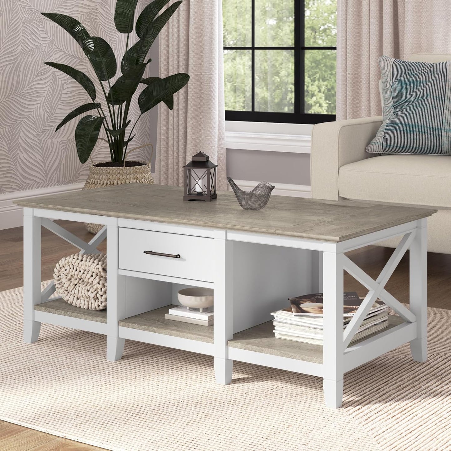 Bush Furniture Key West Coffee Table with Storage in Pure White and Shiplap Gray