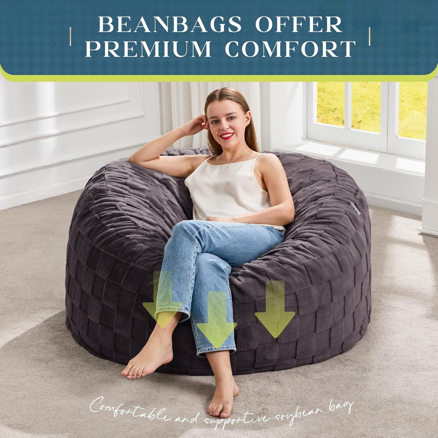 Hobestluk Bean Bag Chairs Beanbag Chair with Filler Adult Bean Bags with Fluffy Plaid Cover, Giant Bean Bag Chairs for Adults for Living Room, Bedroom (Dark Grey, 3FT - 36” x 36” x 22”)