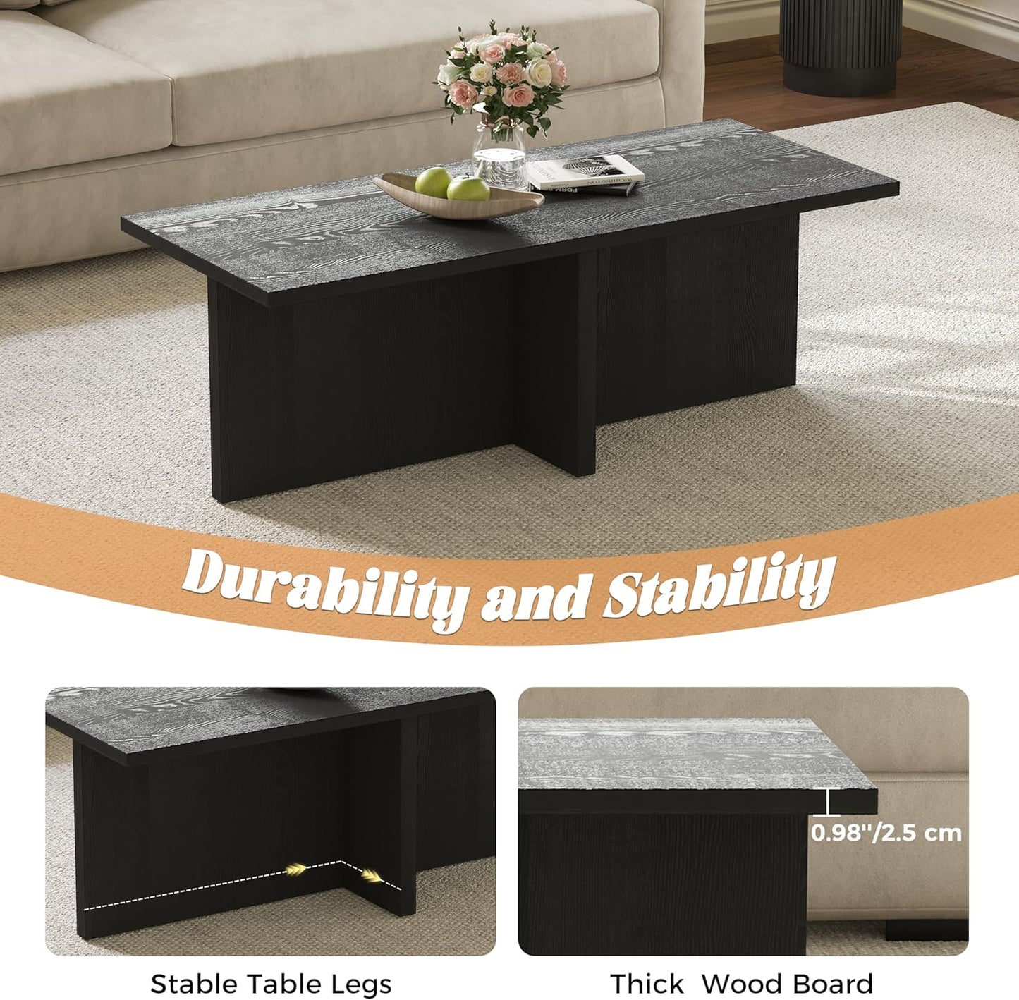 Luoxiao Rectangle Coffee Table for Living Room 47 inch Wood Modern Center Accent Table Minimalist Small Rectangular Cocktail Table Black, Space Saving, Easy Assembly