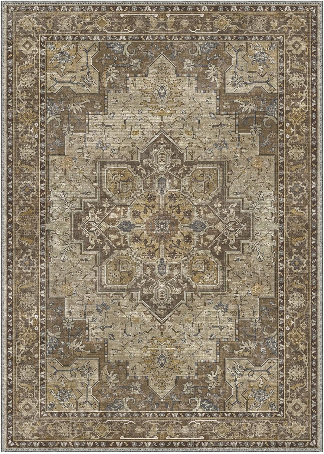 GENIMO 7'6''x9'6'' Area Rugs for Living Room, Machine Washable Non Slip Vintage Rugs, Low Pile Lightweight Chenille Print Rug for Bedroom, Dining Room, Home Office, Rustic Brown