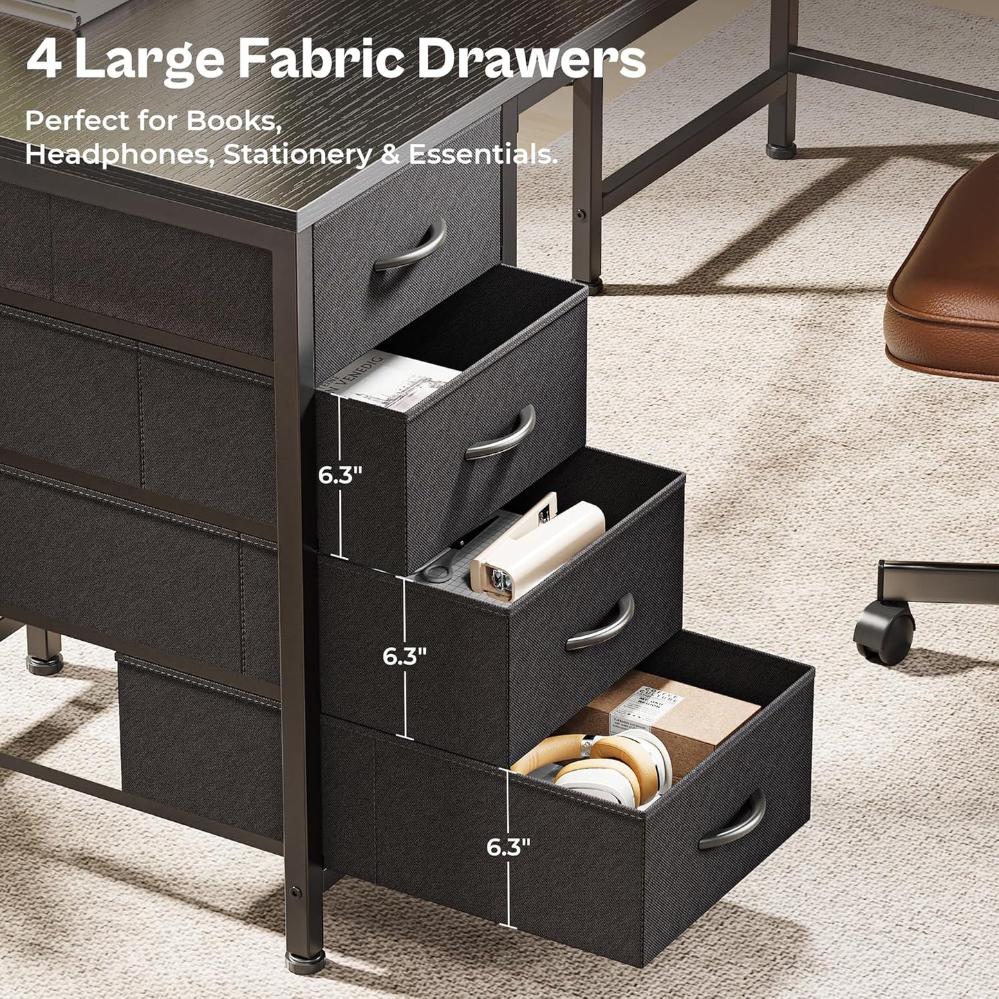 Huuger 55 Inch L Shaped Desk with Fabric Drawers, Reversible Computer Gaming Desk with Power Outlets and USB-C Port, Adjustable Side Storage Shelves, for Work Study Corner Home Office, Black