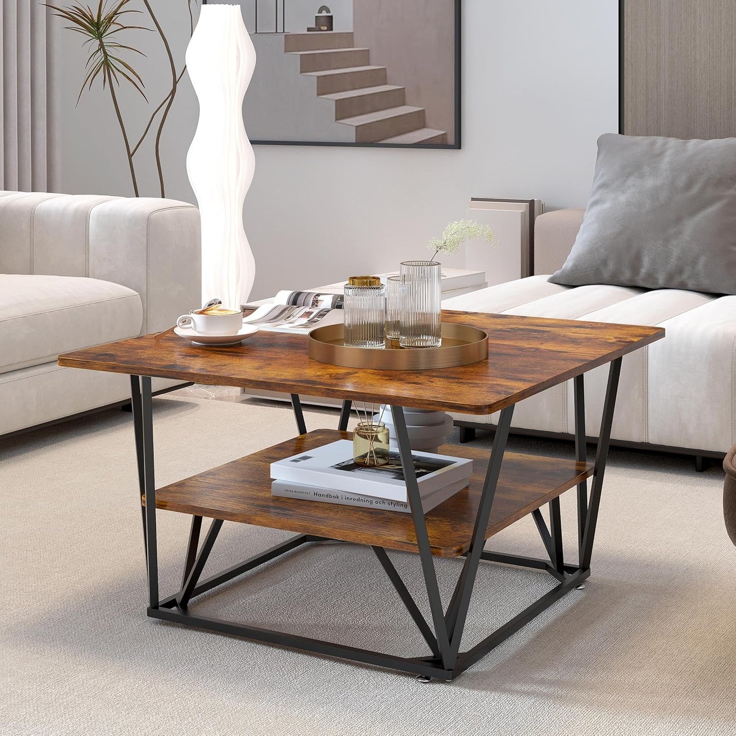 Elephance Square Coffee Table for Living Room, Modern 31.5" Two-Tier Caramel Brown Table with Wooden Top-Almond and Black Frame