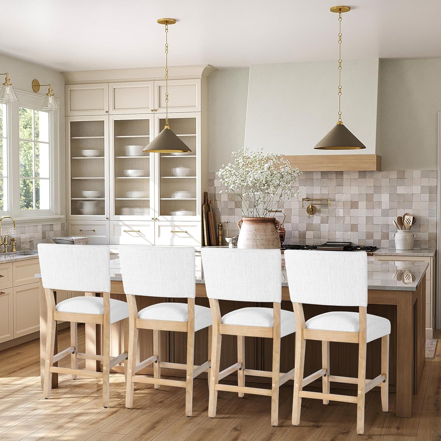 HomePop 24" Open Back Counter Stool Home Décor|Fabric Chairs for Dining Room, Kitchen and Living Room - Stain Resistant White Woven(Single Pack)