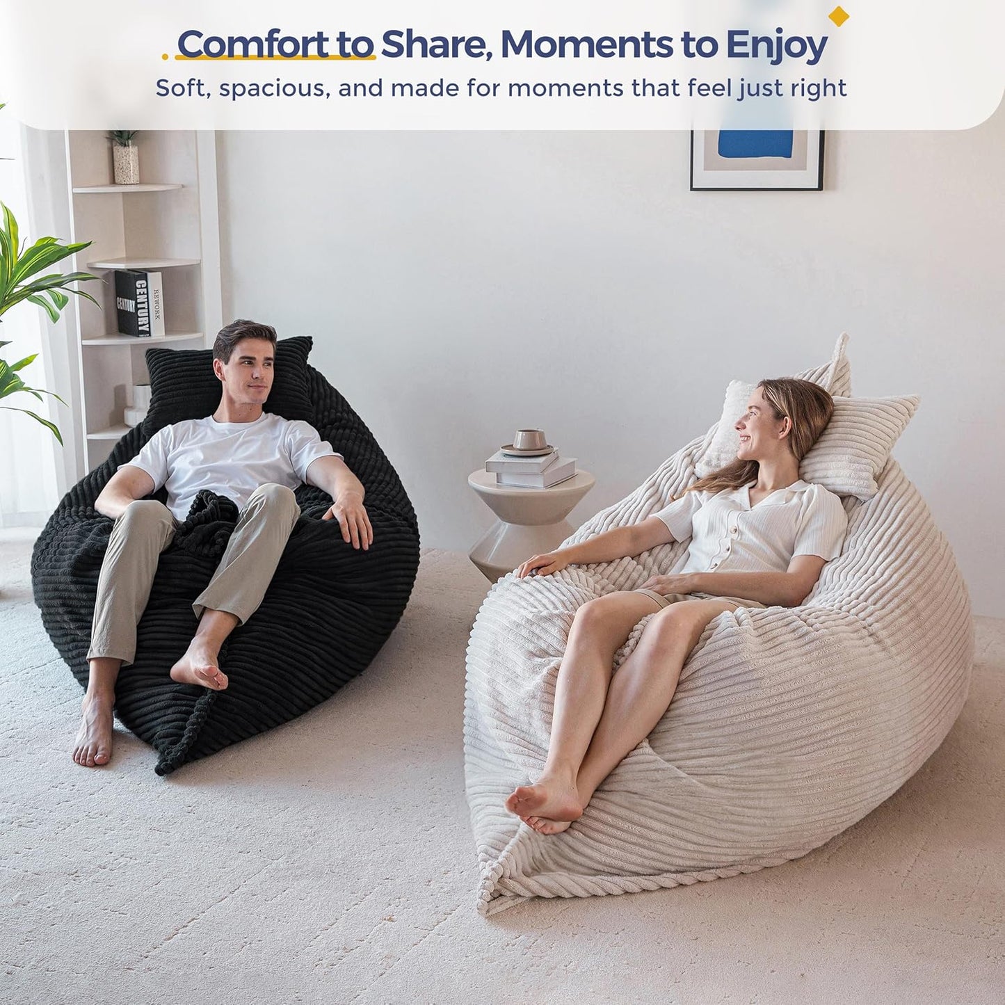 MAXYOYO Giant Bean Bag Chair with Pillow, 3 in 1 Convertible Bean Bag Chair for Adults with Washable Cover, Removable Floor Cushion Stuffed Floor Lounger for Living Room Bedroom, Black, Full