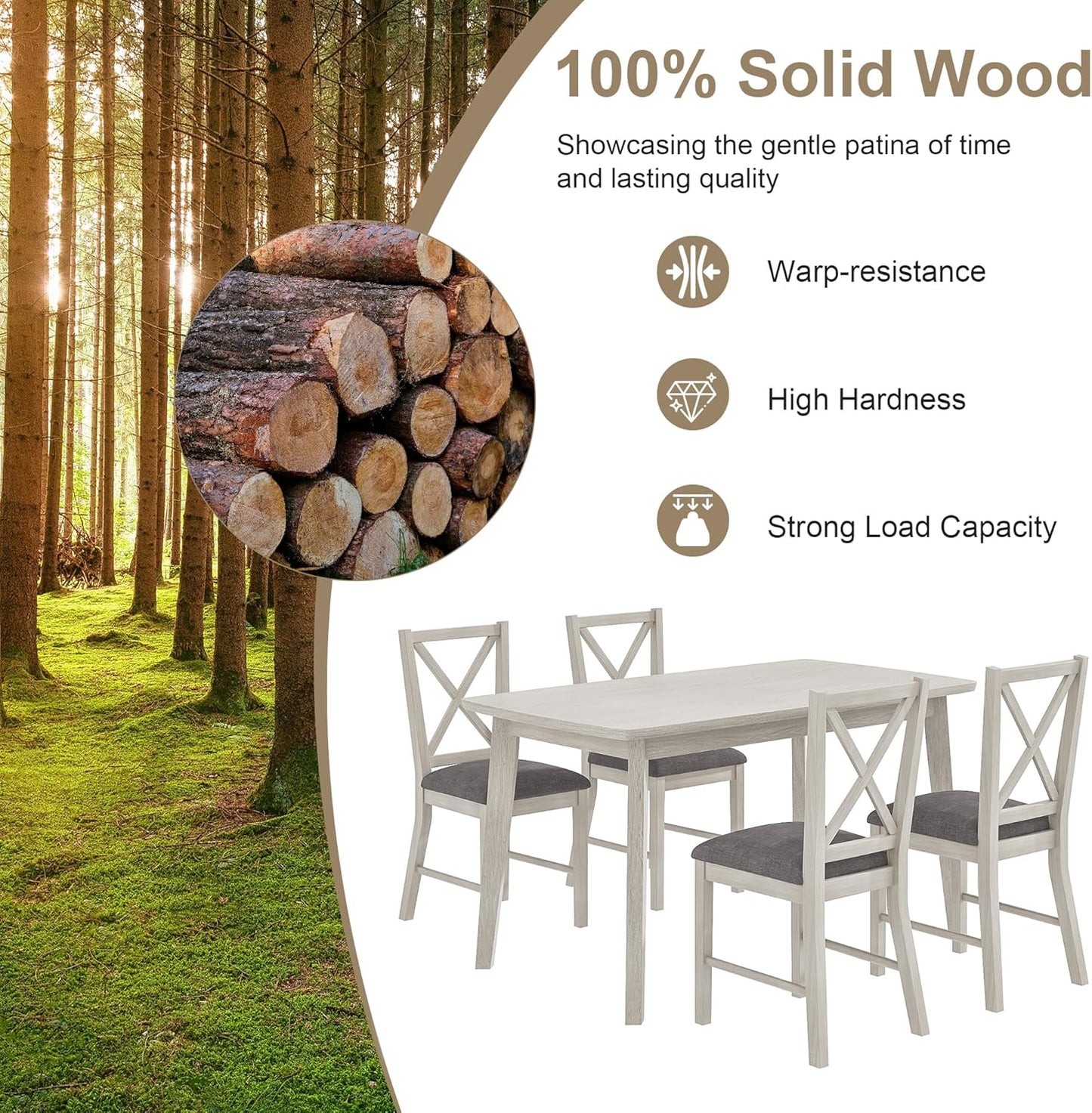 5-Piece Dining Table Set for 4, Solid Wood Kitchen Table Set with 4 Upholstered Dining Chairs, 47'' Farmhouse Structure Table & Chair Set for Kitchen, Dining Room, Restaurant, Washed Gray