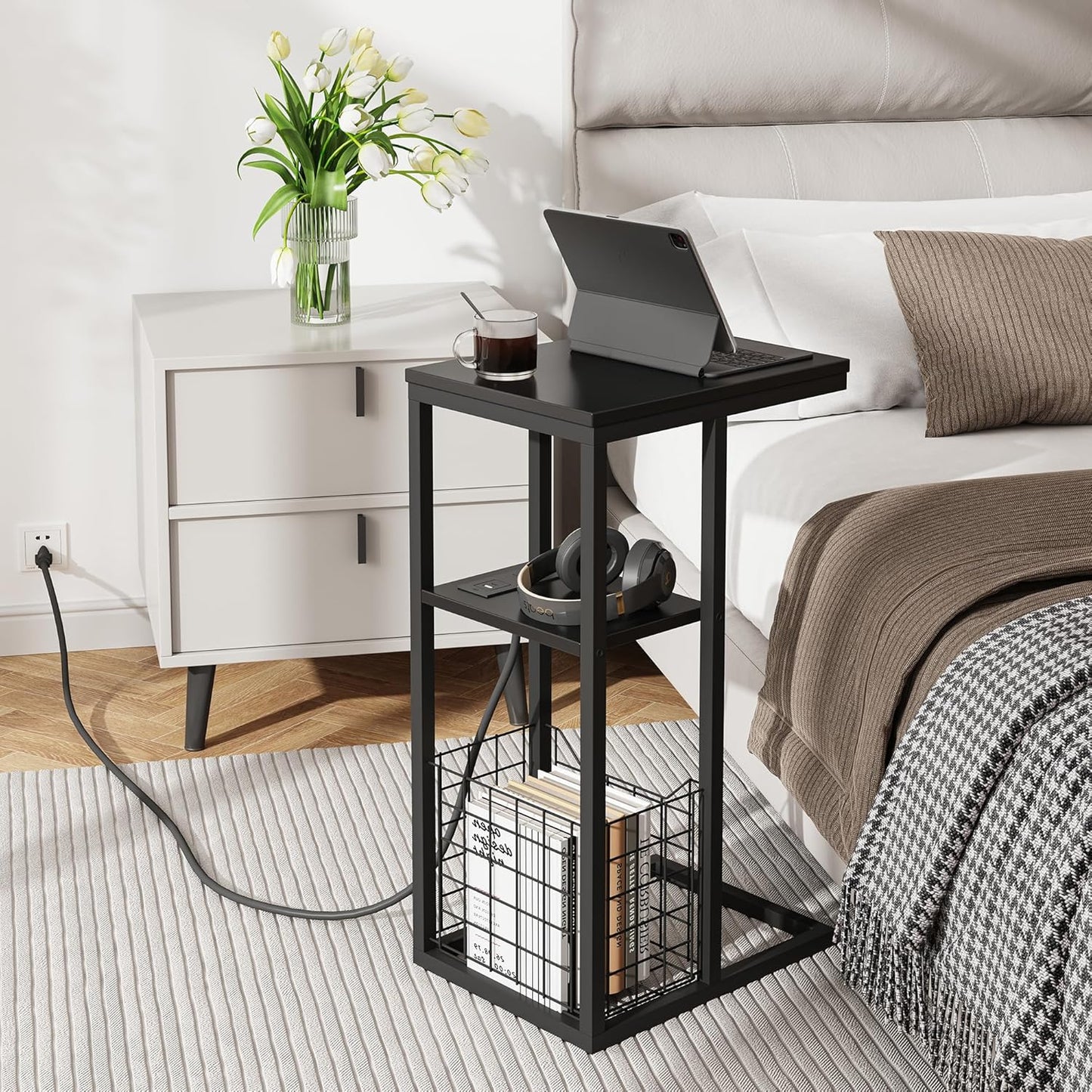 Vagusicc C Shaped End Table with Charging Station, Side Table for Couch, Small Side End Table for Small Spaces, 28" High Slide Under Sofa Table for Coffee, Tv Tray Table for Living Room, Black