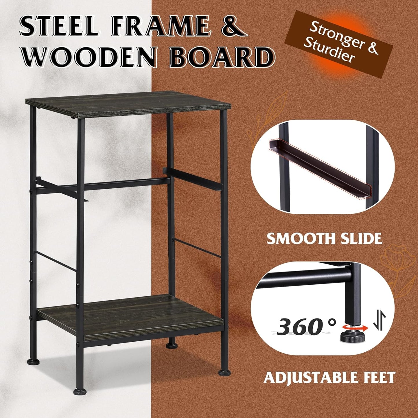 WLIVE Night Stand Set 2, Black Nightstand with Fabric Storage Drawer and Open Wood Shelf, Nightstand Set of 2 with Steel Frame, Side Table for Bedroom, Dorm, Charcoal Black, 25.03" Height