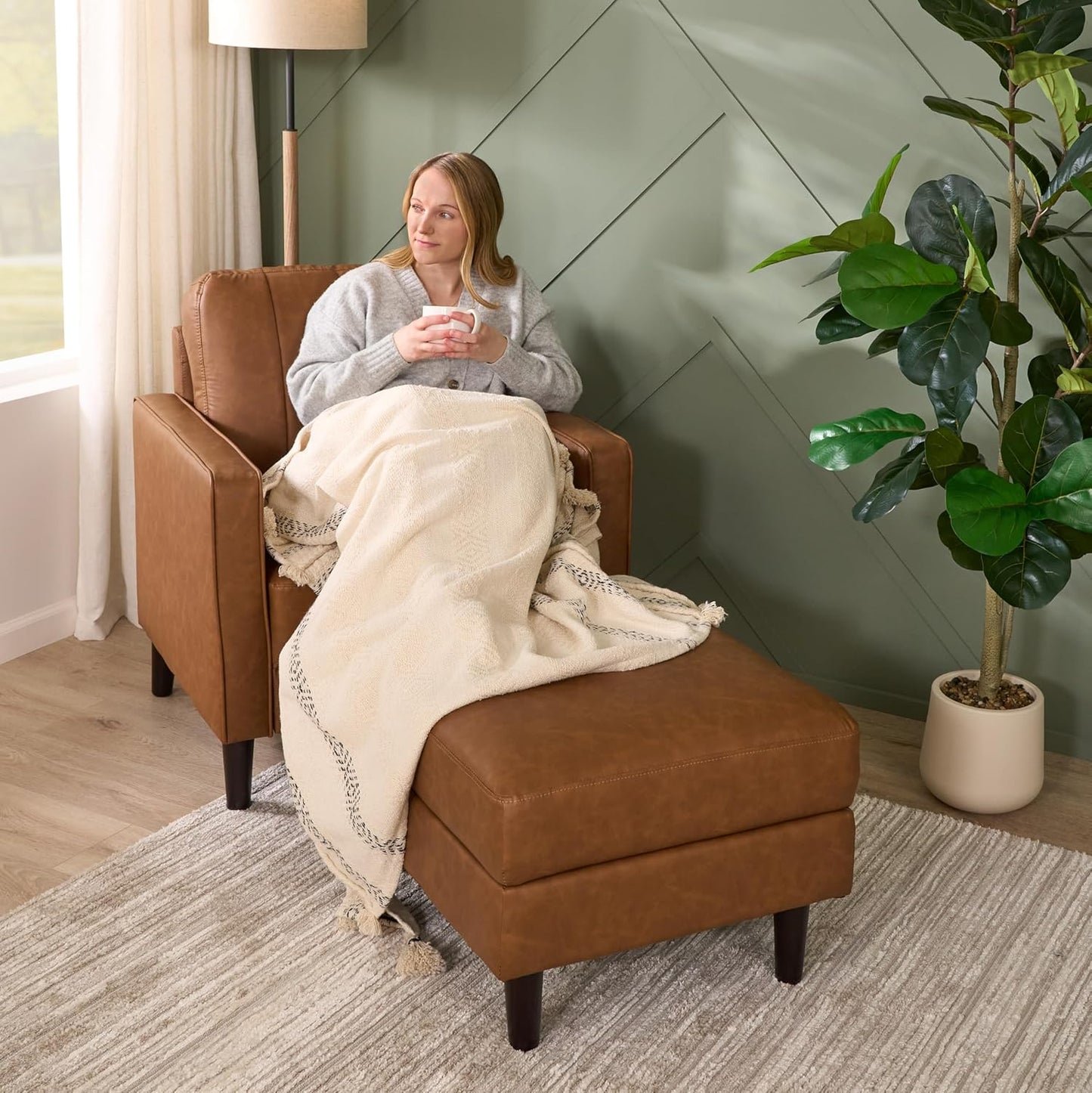 Bush Home Storage Ottoman with Tray, Living Room Furniture, Max Collection, Buffed Camel Vegan Leather