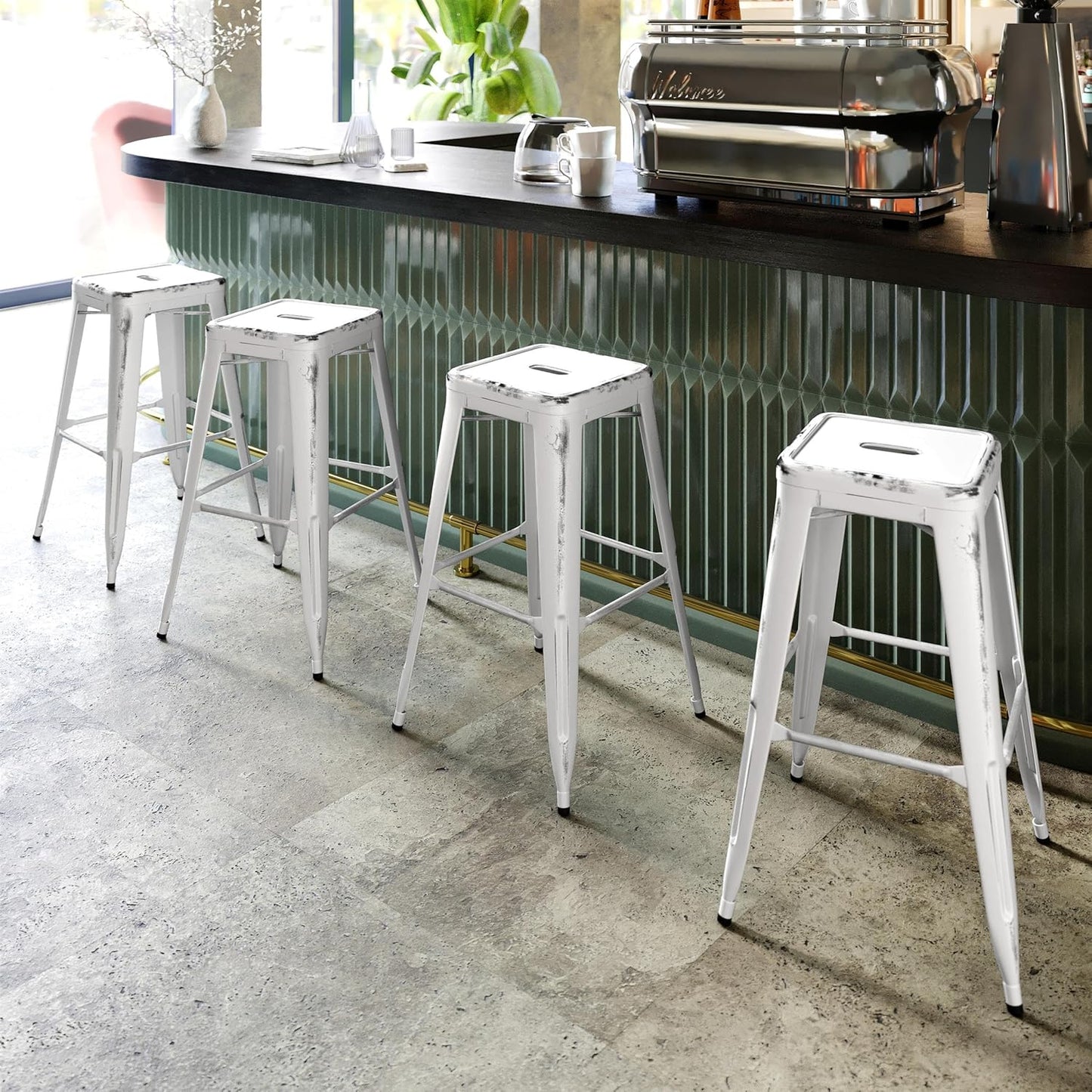 Flash Furniture Kai Commercial Grade 30" High Backless Distressed White Metal Indoor-Outdoor Barstool