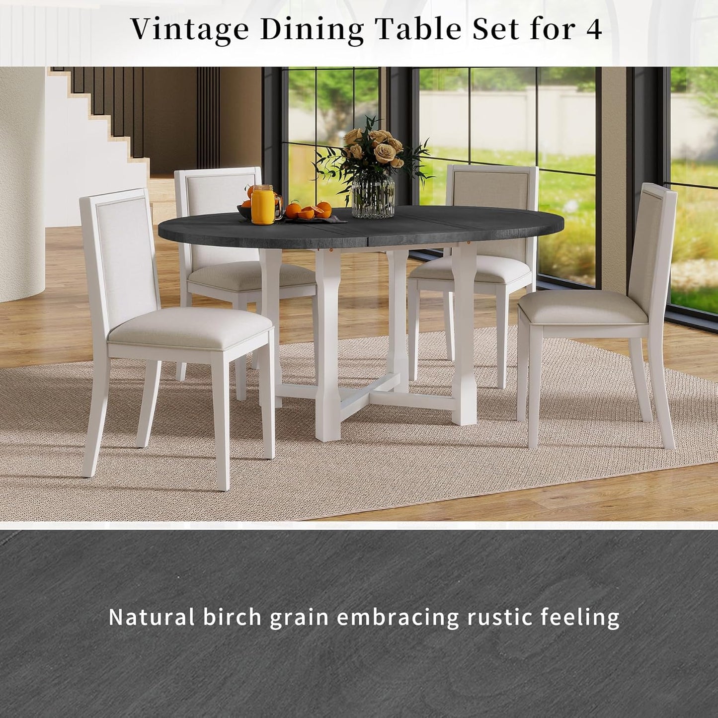 Ball & Cast 5 Pieces Dining Table Set with 4 Upholstered Chairs,Farmhouse Wooden Living Room Furniture for 4 W/ 57.7" Extendable Dining Table,for Dining Room,Bistro,Apartment,Grey+White