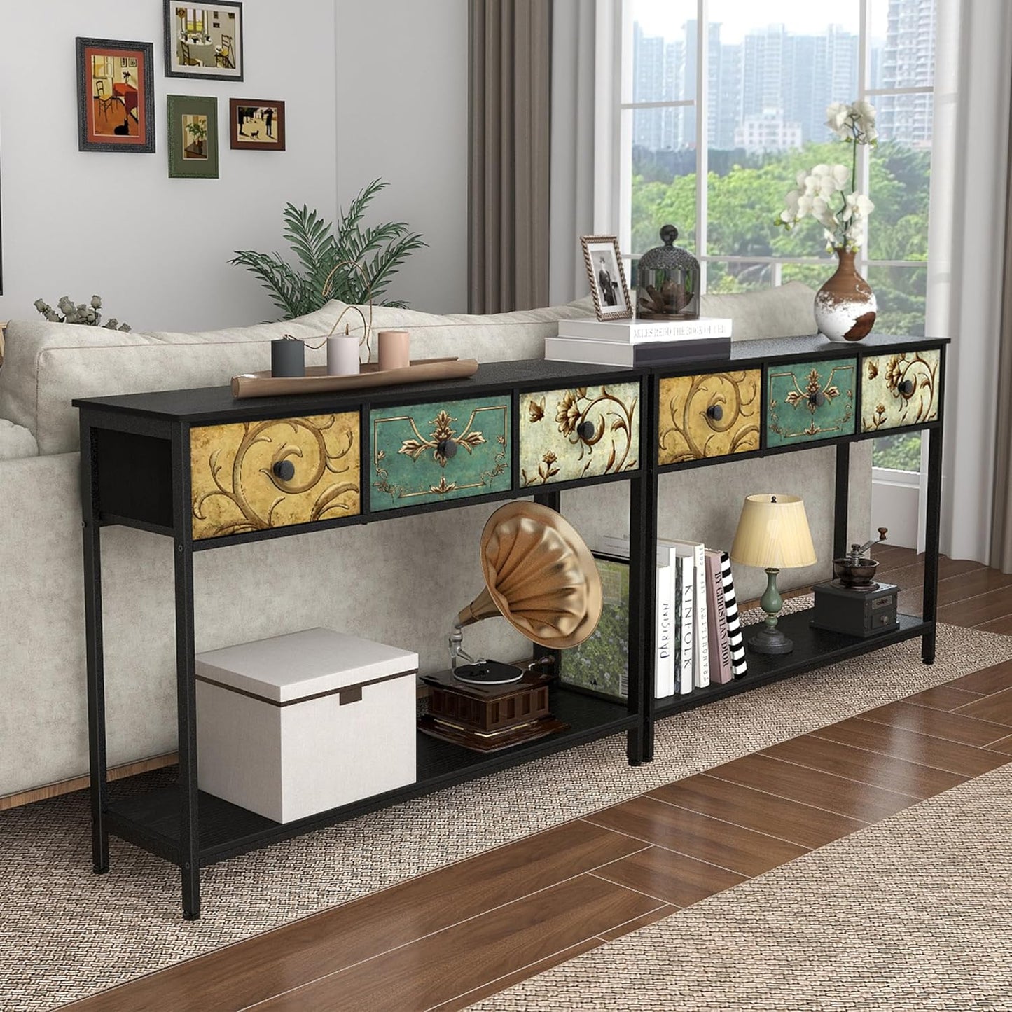 Tohomeor Entryway Console Table with 3 Retro Flowers Fabric Drawers Boho Narrow Long Behind Couch Farmhouse Sofa Table with Bottom Open Storage Shelf for Hallway Living Room Foyer (Black, 3 Drawers)