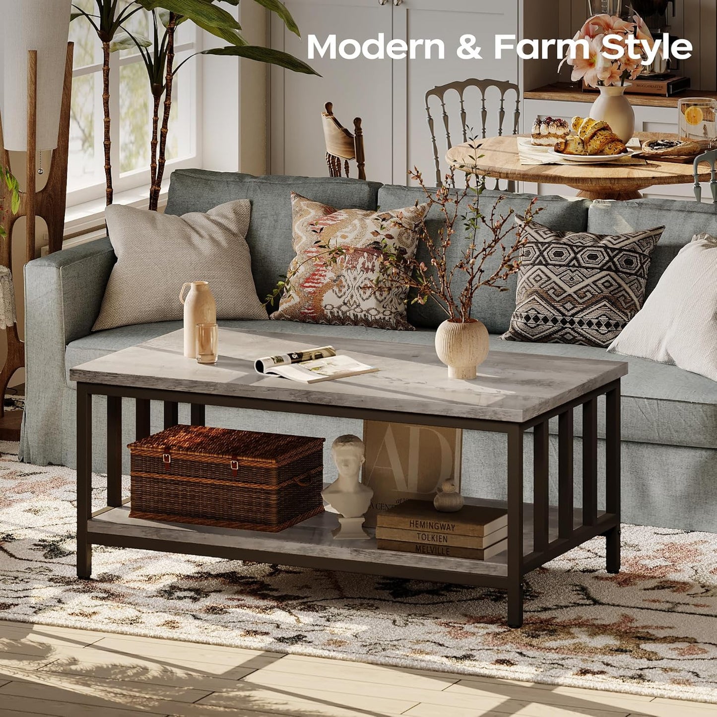 Homeiju Coffee Table for Living Room with Slatted Sides Frame, Modern Farmhouse Living Room Table with 2-Tier Storage Shelf for Home Office, Apartment, 39 inch Grey Wash