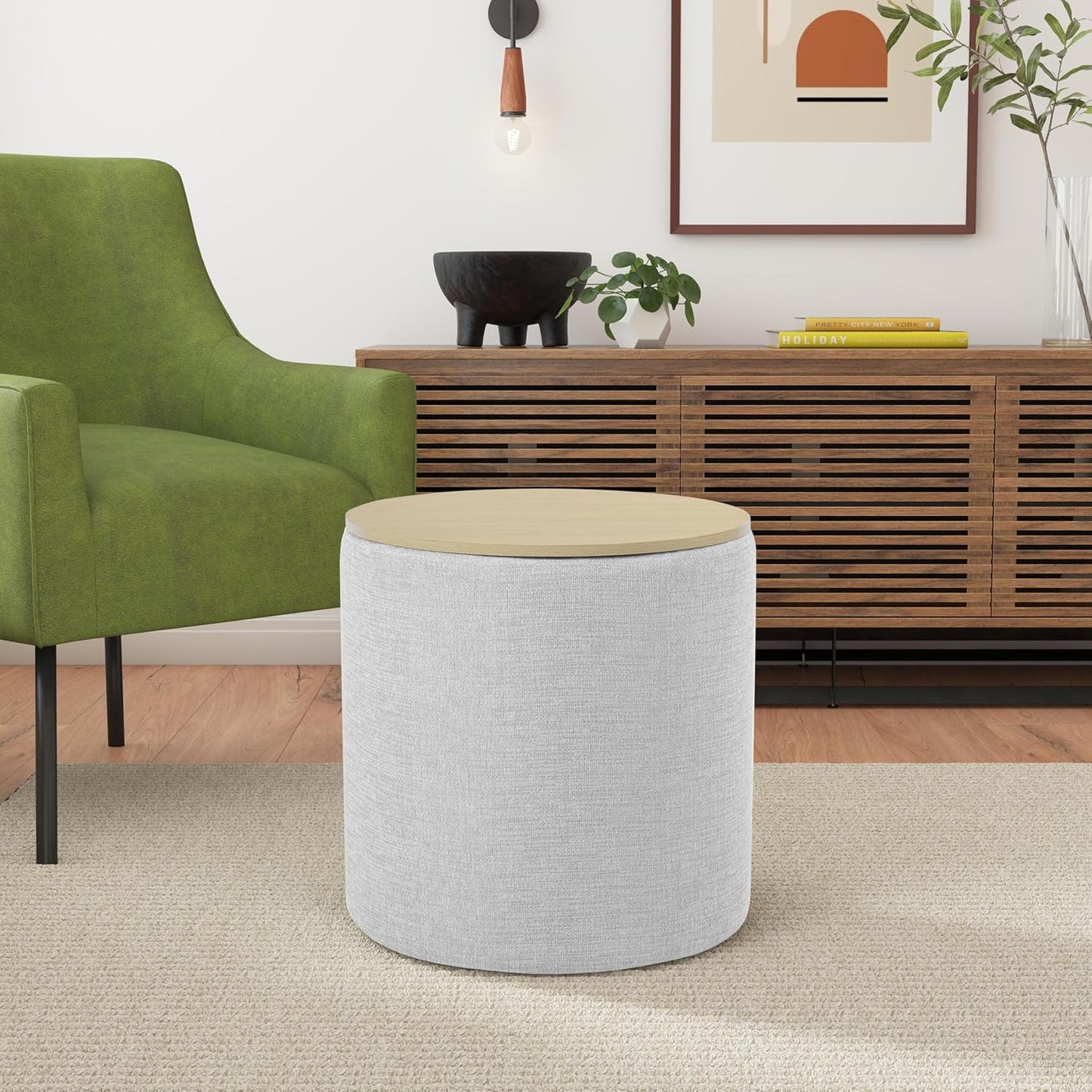 HomePop Storage Ottoman with Wood Top - Light Gray Textured Woven