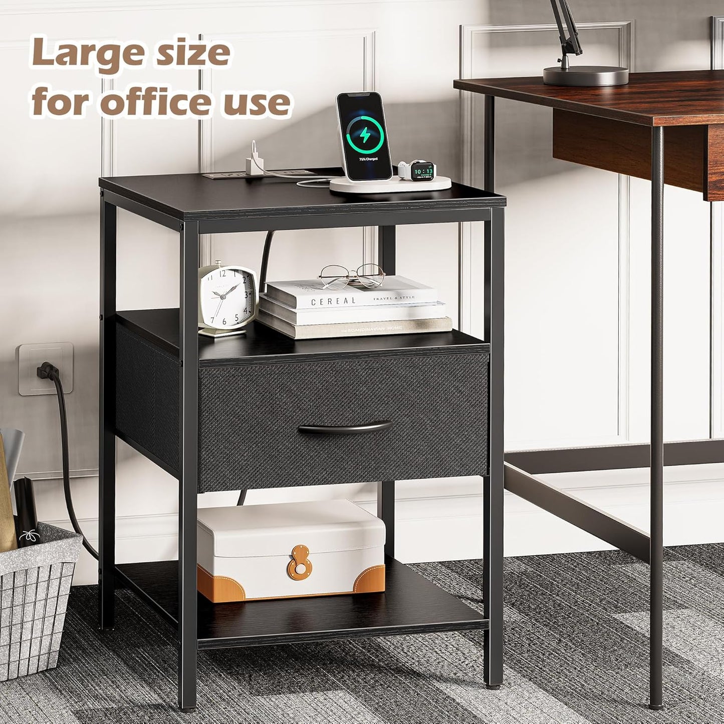 SUPERJARE Night Stand with Charger Station, 27.7 Inch Tall Nightstand with Adjustable Fabric Drawer, Bed Side Table, Fabric Drawer Dresser for Bedroom, Living Room, Black