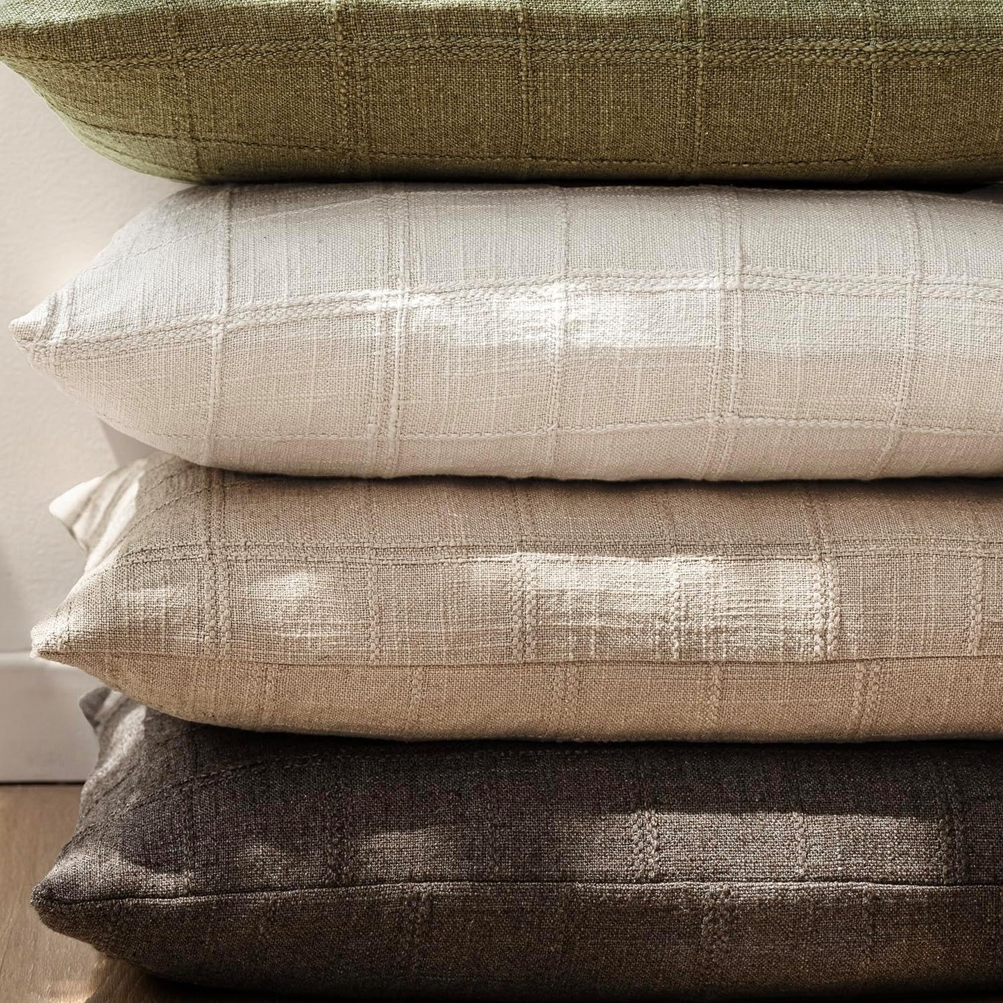 Foindtower Set of 2 Decorative Linen Check Throw Pillow Covers Neutral Farmhouse Vintage Cushion Covers Modern Coastal Boho Home Decor For Sofa Chair Couch Bedroom Living Room Outdoor,18×18 Inch,Camel