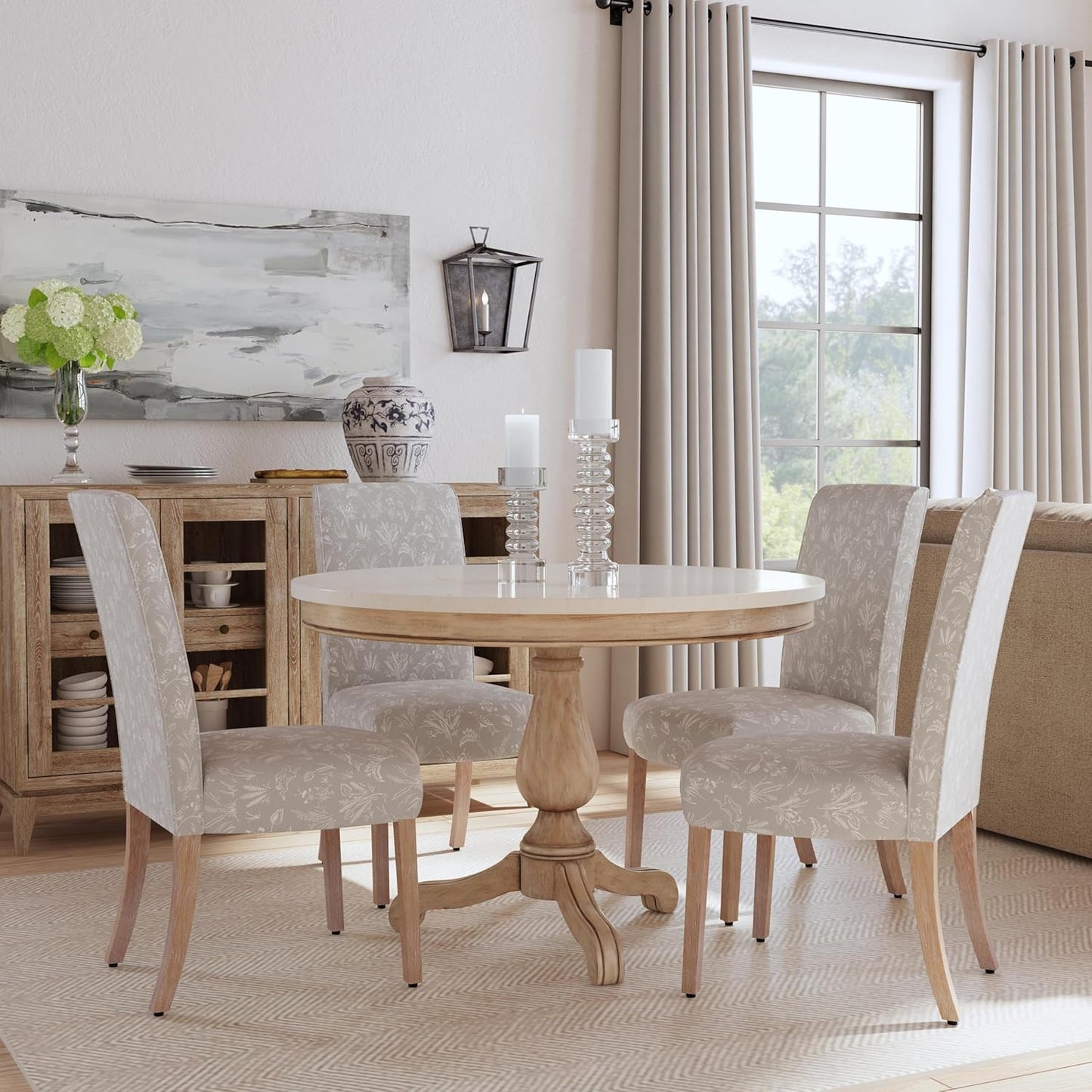 HomePop Scalloped Detail Dining Chair|Upholstered Parsons Dining Chairs |Decorative Home Furniture, Light Gray Floral with Animal Motifs (Set of 2)