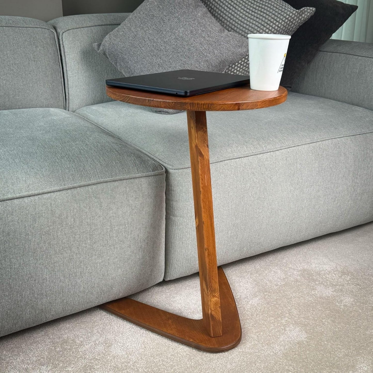 C-Shaped Handmade Solid Wood End Table, Side Table for Couches, Sofa Tables Slide Under Couch for Living Room, Over Couch TV Tray Table for Small Spaces (Medium, Chestnut)