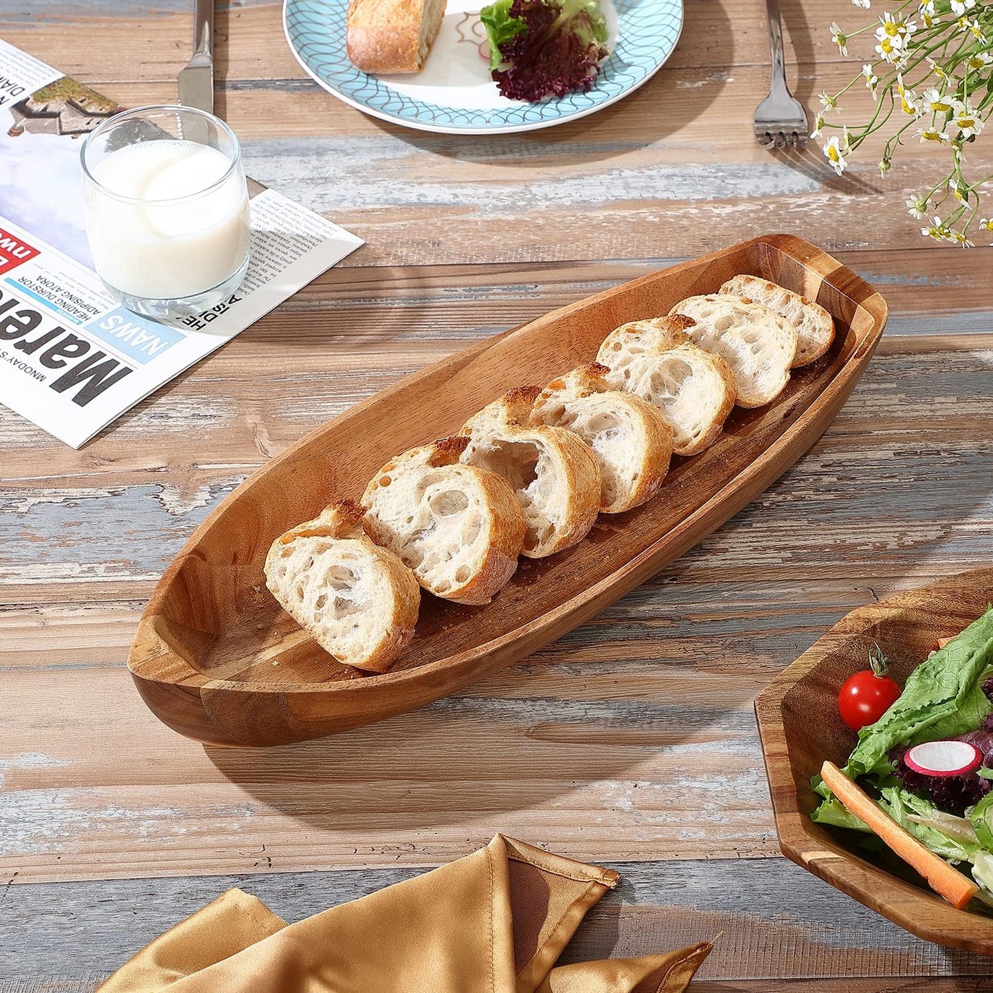 Lucky Boat Serving Tray, Acacia Solid Wood Boat Shape Plate for Serving Desserts, Fruit, Snack and Seafood or House Ornament,Key Tray,Functional and Storage Decorative Bowl。 (L)