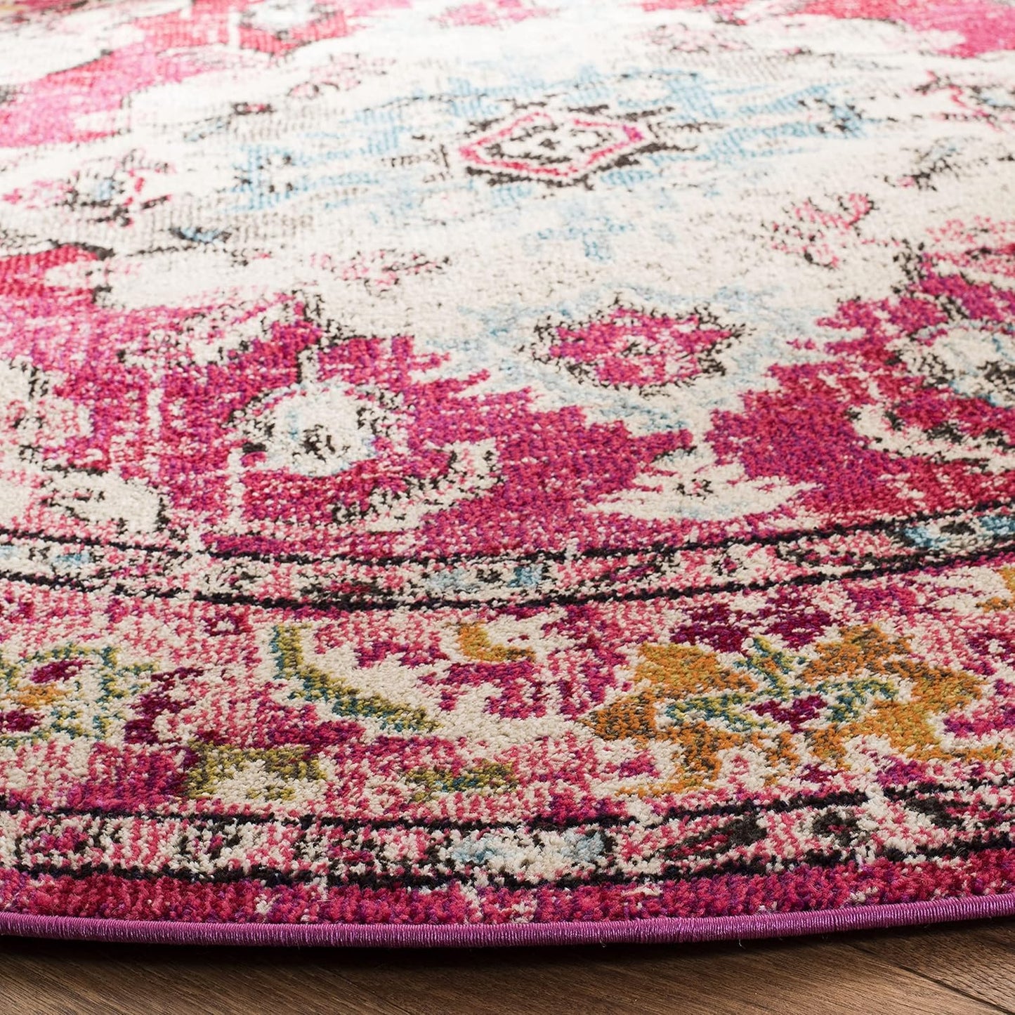 SAFAVIEH Monaco Collection 8' Round PinkMulti MNC243D Boho Chic Medallion Distressed Non-Shedding Living Room Dining Bedroom Foyer Area Rug