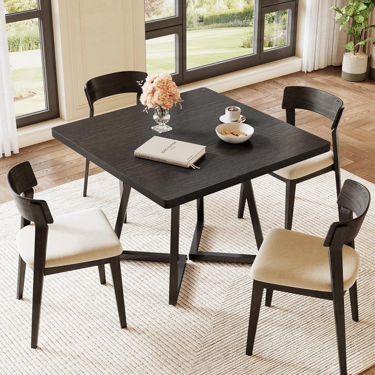 LITTLE TREE 31.5 Inches Small Dining Table for 4, Square Dinner Table for Small Space, Dining Room Tables, Black Wooden Kitchen Table with Metal Legs, Modern Leisure Cafe Table for Apartment