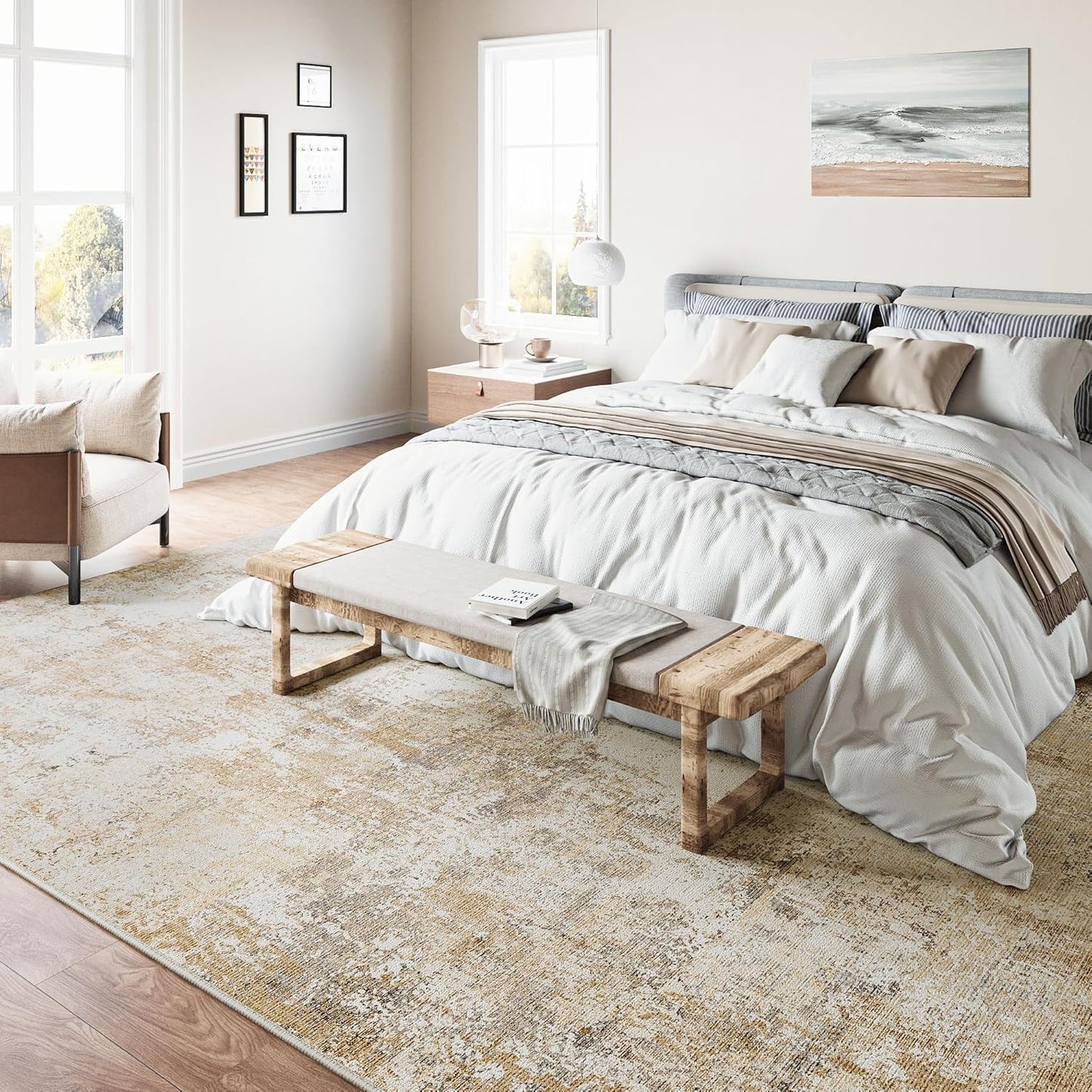 10x14 Washable Area Rug Gold Grey Neutral Abstract Living Room Bedroom Large Throw Rug Non Slip Soft Low Pile Indoor Floor Carpet for Dining Room Kitchen Office Entryway