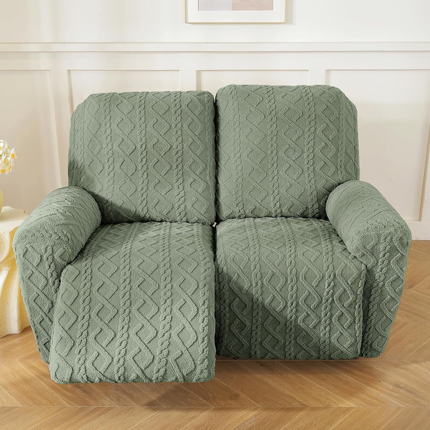 vctops 6 Pieces Geometric Jacquard Plush Recliner Loveseat Slipcovers Soft Fuzzy Fluffy Sofa Couch Cover Anti-Slip Furniture Protector with Elastic Bottom for Kids Cats Dogs(Green,2 Seat)