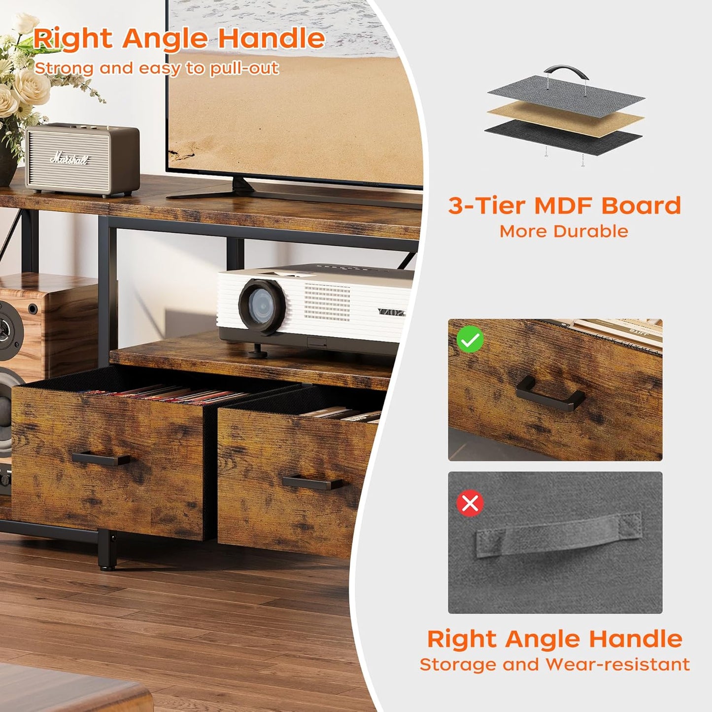 Homeiju TV Stand for TVs up to 75 Inch, Entertainment Center with Fabric Drawers, TV Media Console Table with Open Storage Shelves for Living Room, Bedroom, Rustic Brown