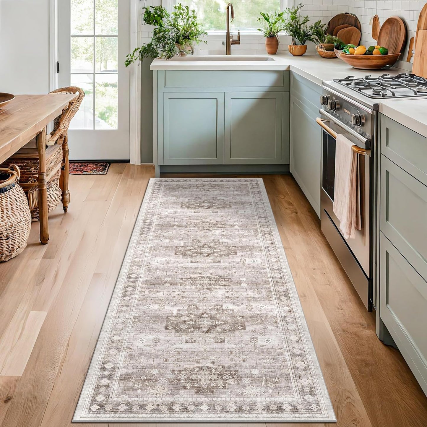 Boho 2x7 Long Runner, Neutral Farmhouse Bedside Rug, Small Throw Runners for Bedroom Hallway Bathroom Kitchen, Vintage Floral Decor & Non-Slip Low-Pile Washable Stain Resistant Beige Latte Rug