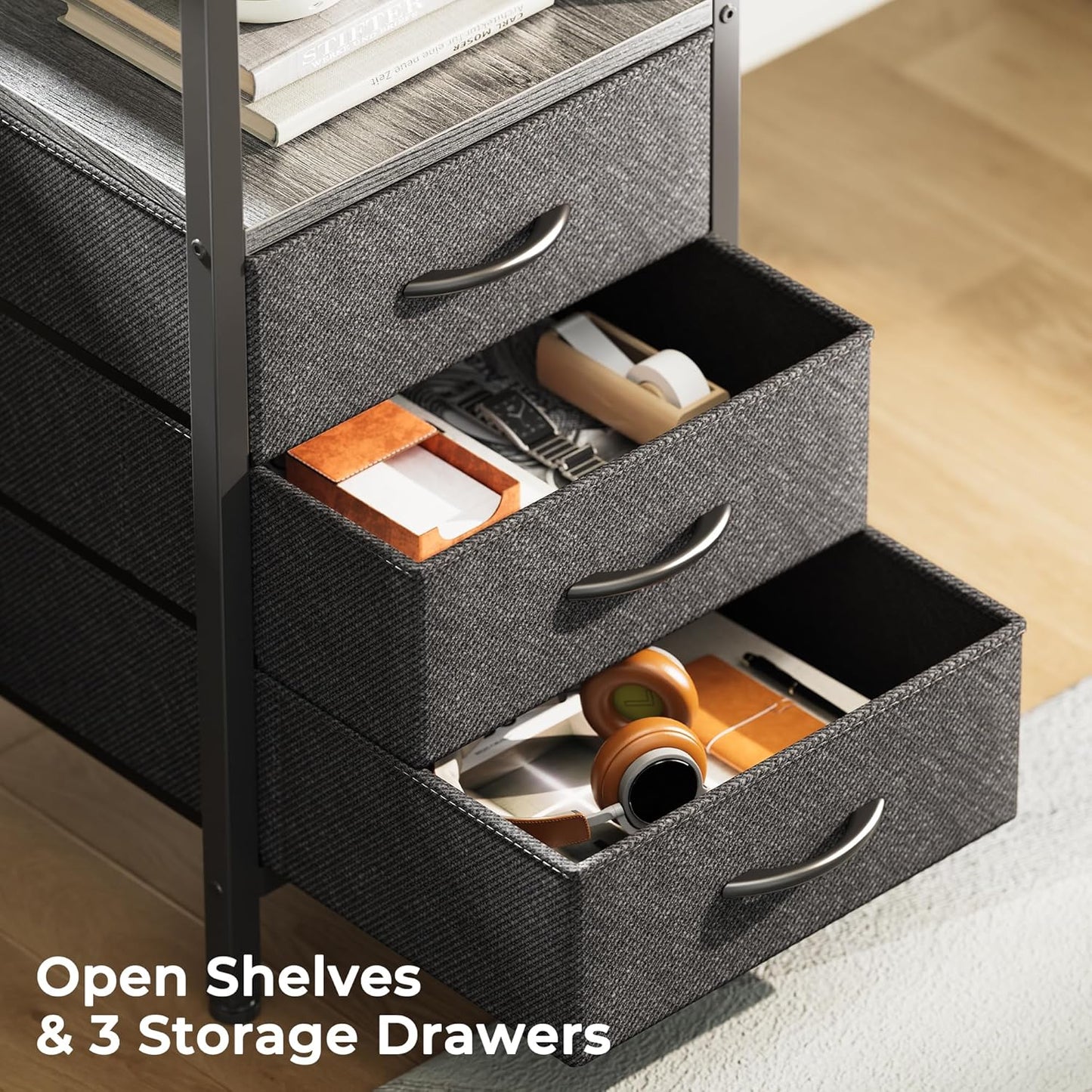 Huuger L Shaped Office Desk with Power Outlets, 55 Inch Computer Desk with 3 Drawers, Shelves, Reverisble for Gaming Corner Work Home Office Study, Grey