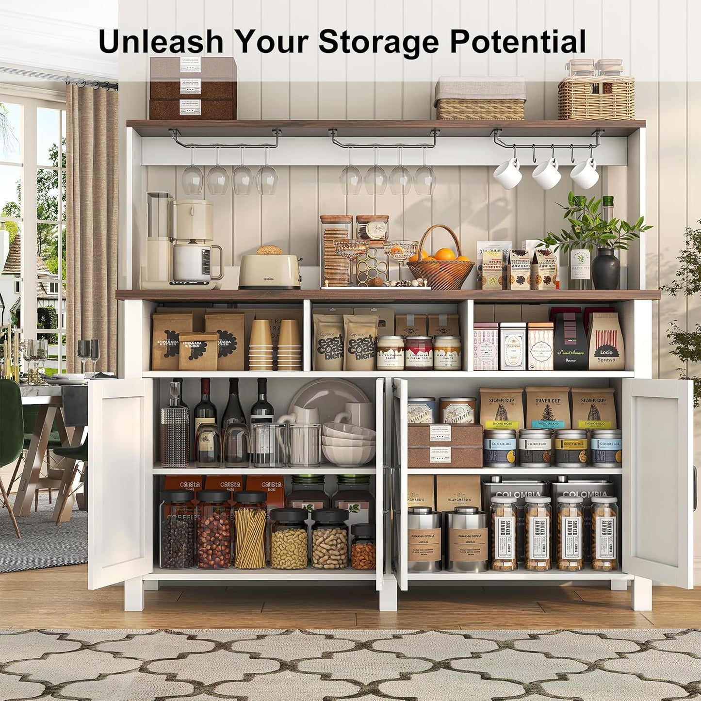 Buffet Sideboard with Storage Hutch with Power Outlets 4 Doors, Large Farmhouse Kitchen Storage Cabinet Wood Coffee Bar Cabinet with Goblet Holder and Cup Hooks for Kitchen, Dining Room, Entryway