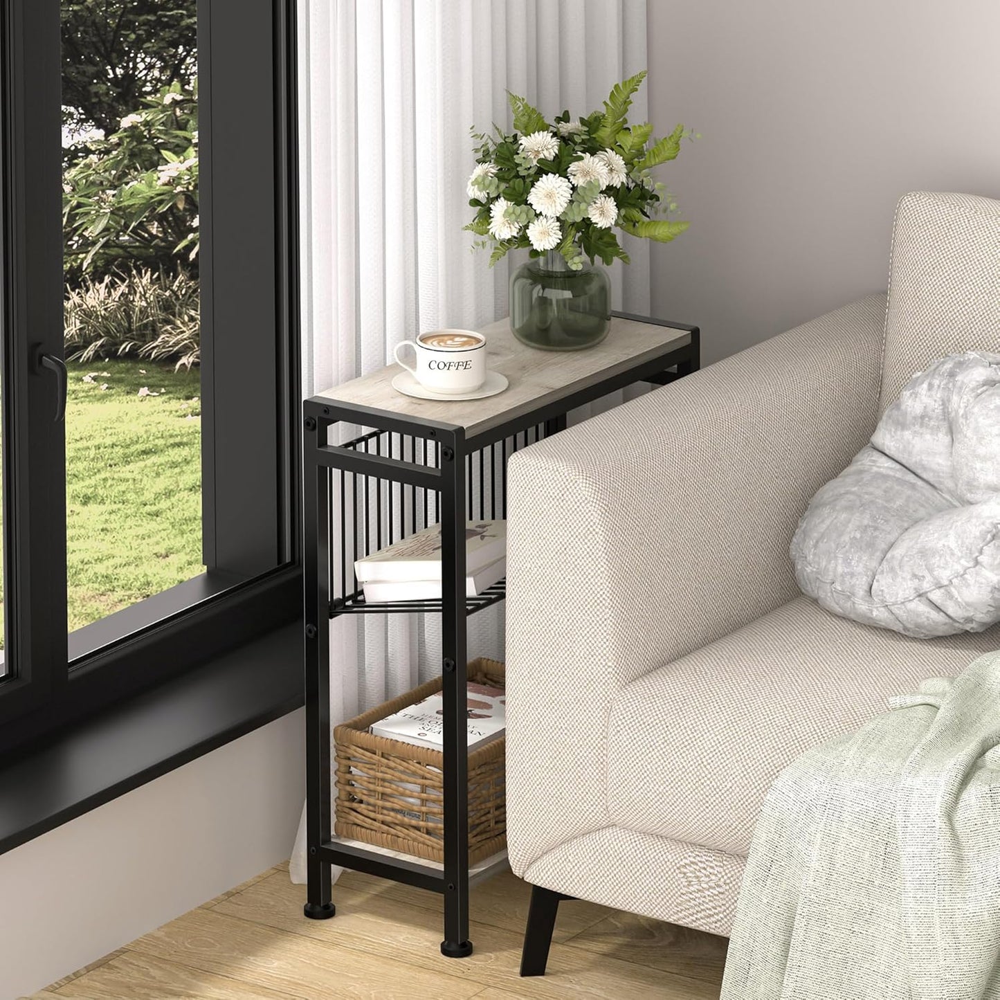 Small Side Table for Small Space, 3-Tier Narrow End Table with Magazine Holder, Slim Nightstand, Skinny Snack Couch Table in Living Room, Bedroom, Study, Kitchen and Balcony (Greige)