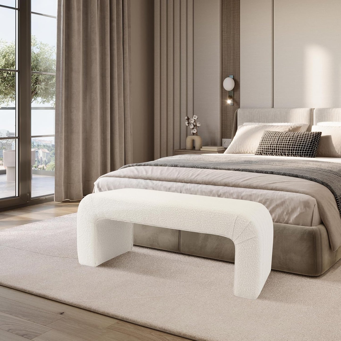 HomePop Arch Channel Bench|Bench for Living Room & Bedroom | Decorative Home Furniture - Cream Boucle