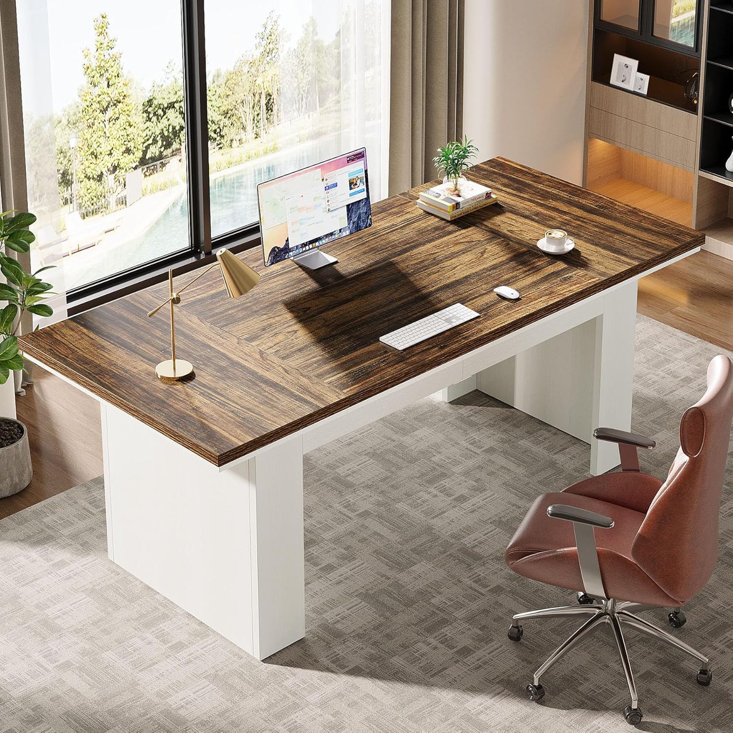 Tribesigns 63" Executive Office Desk, Modern Computer Desk for Home Office, Easy Assembly, Brown and White