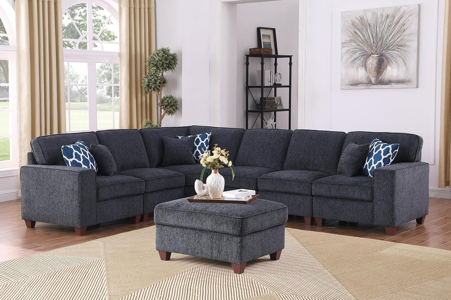 116" Convertible Sectional Couch with Movable Ottoman and 6 Throw Pillows,Chenille Upholstered Comfy Sofa 7 Seater,L-Shaped,Free Combination,Easy Assembly for Living Room,Apartment,Dark Gray