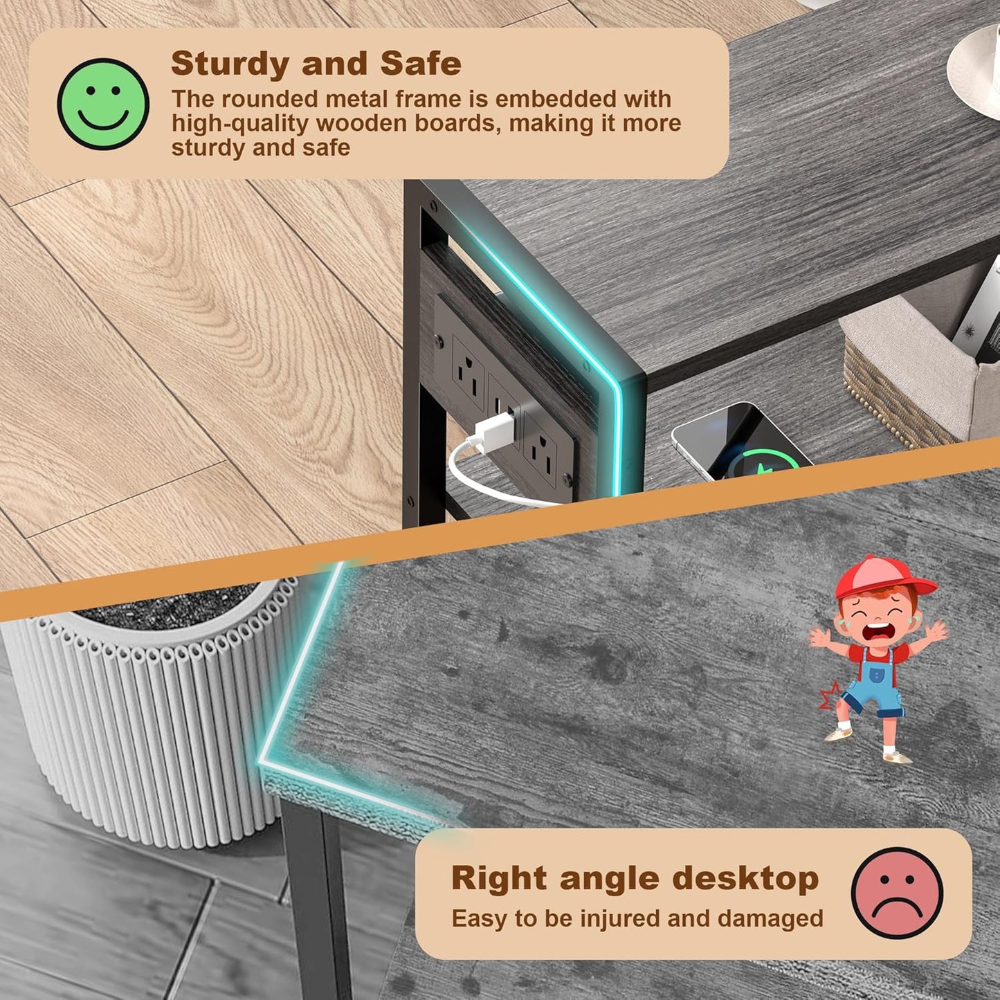 Small Narrow Side Table with Charging Station, Skinny End Table for Small Spaces, Slim Nightstand with Outlets, Sofa Bedside Table in Living Room, Bedroom, Study, Kitchen and Balcony(Grey)