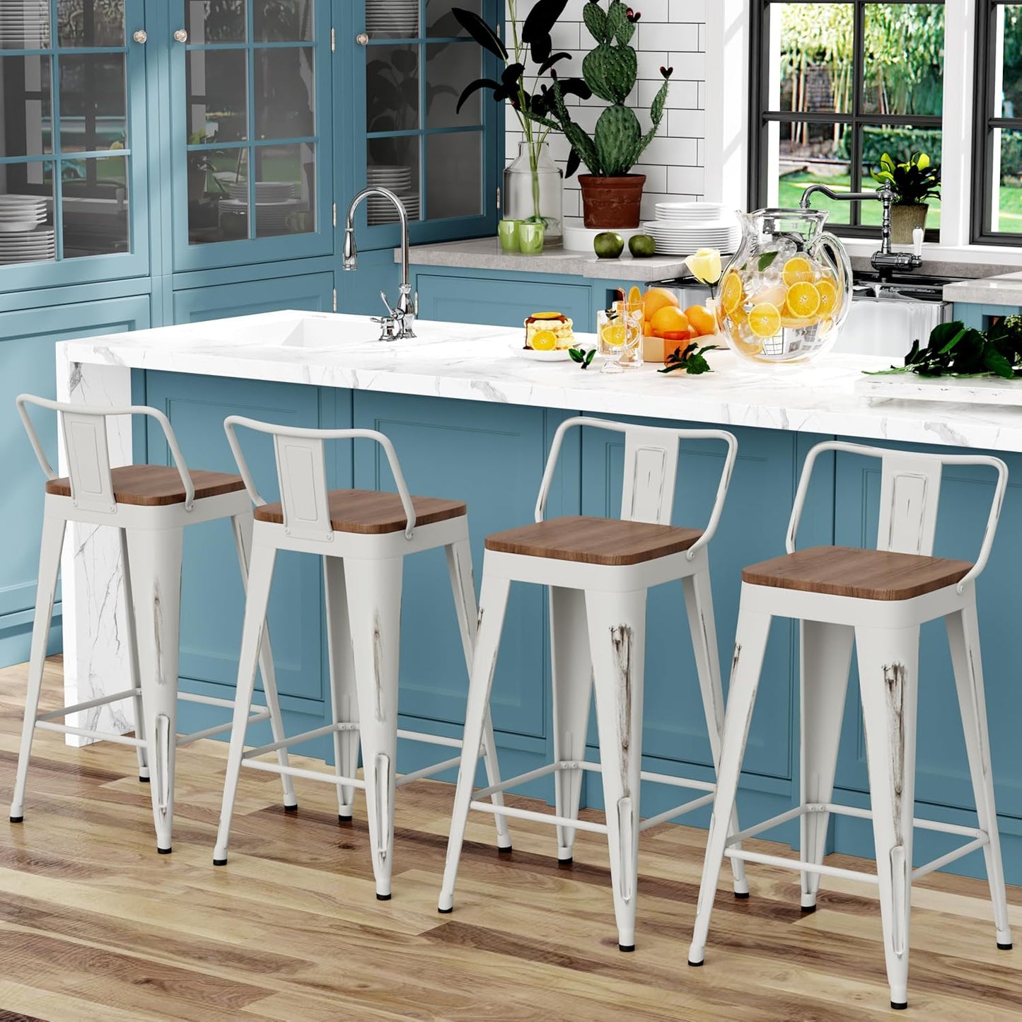 WENTMENT Bar Stools Set of 4, Industrial Style, Metal Frame, Distressed White, Wooden Seat, 24" H x 12.2" W x 15.6" D, 330 lbs Max Weight, Counter Height