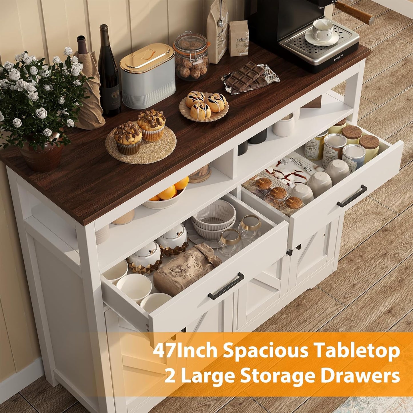 Buffet Sideboard with Storage Farmhouse with 4 Doors, 47'' Large Kitchen Storage Cabinet Wood Coffee Bar Cabinet Buffet Table with Shelves for Kitchen, Dining Room, Entryway