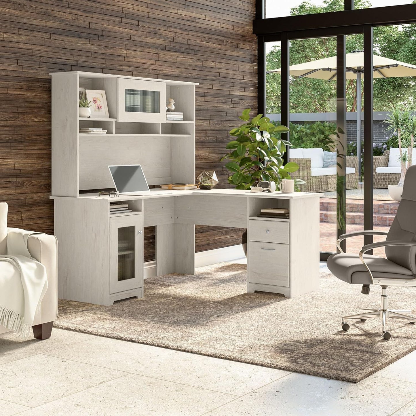 Bush Furniture Cabot L Shaped Desk with Hutch | Corner Desk with Storage for Home Office in Linen White Oak | 60W L Shaped Computer Desk