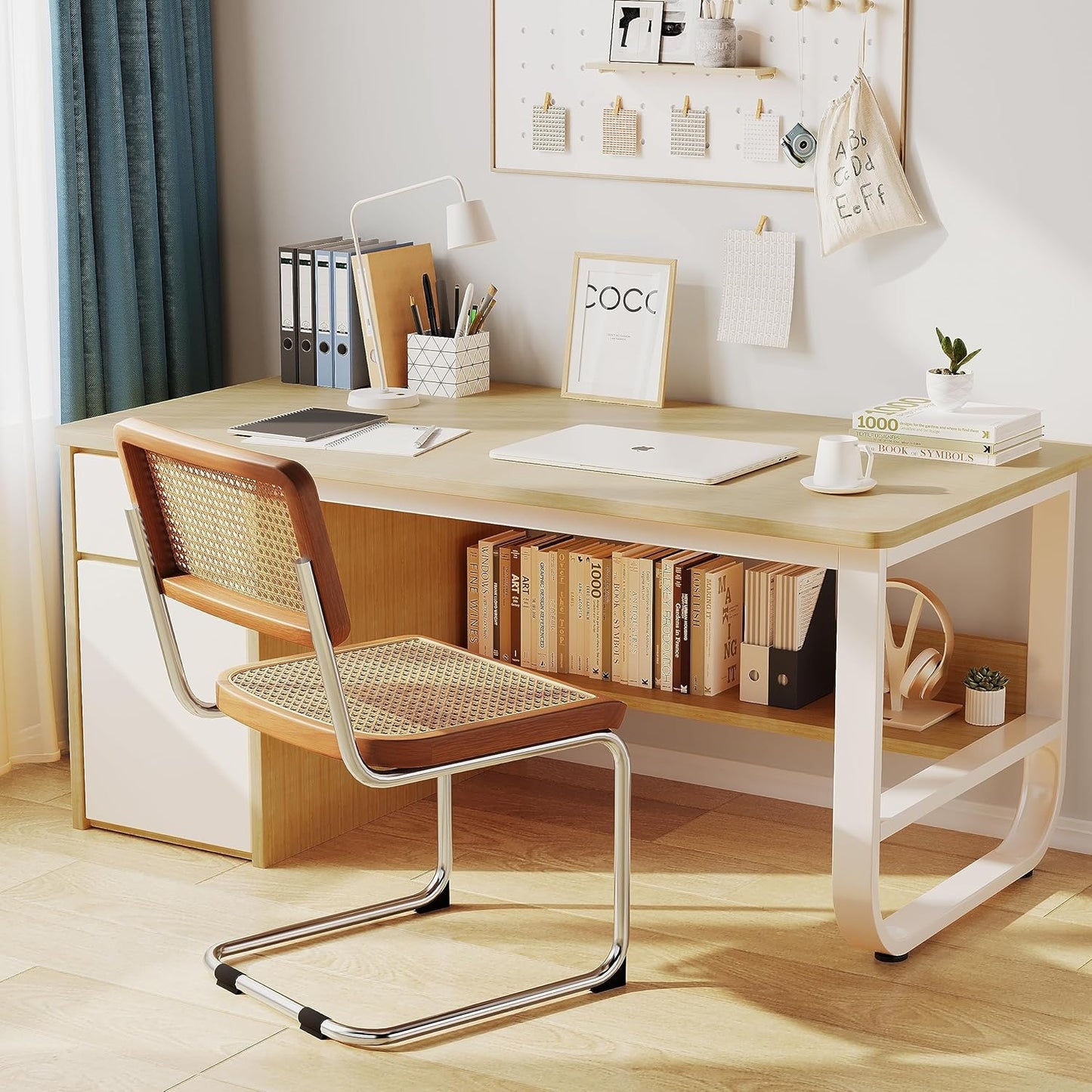 Rattan Dining Chairs Set of 2 Mid Century Modern Dining Room Chairs with Natural Rattan Woven Backrest with Metal Legs, Brown