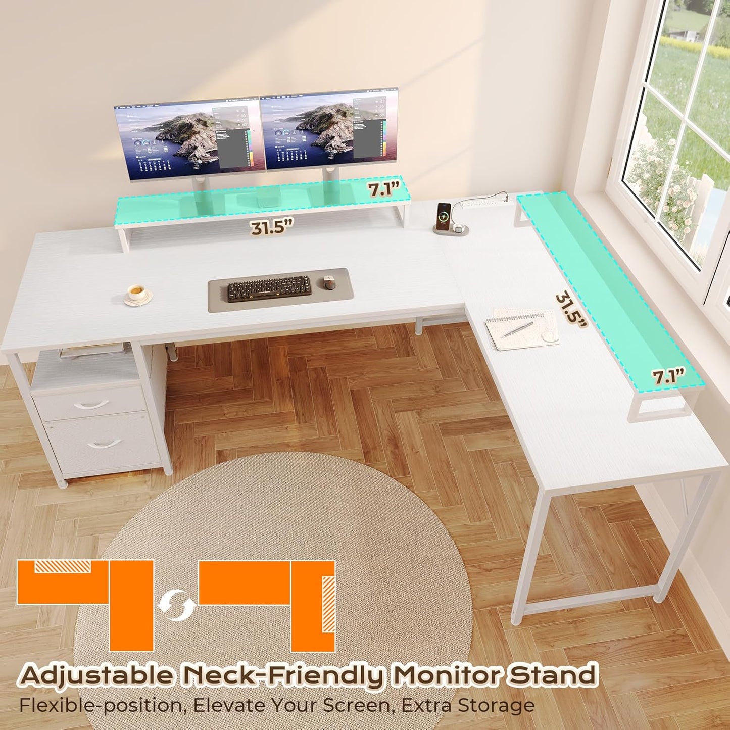 PRAISUN 63 Inch L Shaped Desk with Power Outlets and USB-C Port, Computer Corner Home Office Desk with File Fabric Drawers and Movable Monitor Stand, Larger Storage, Gaming, Writing, Work, White