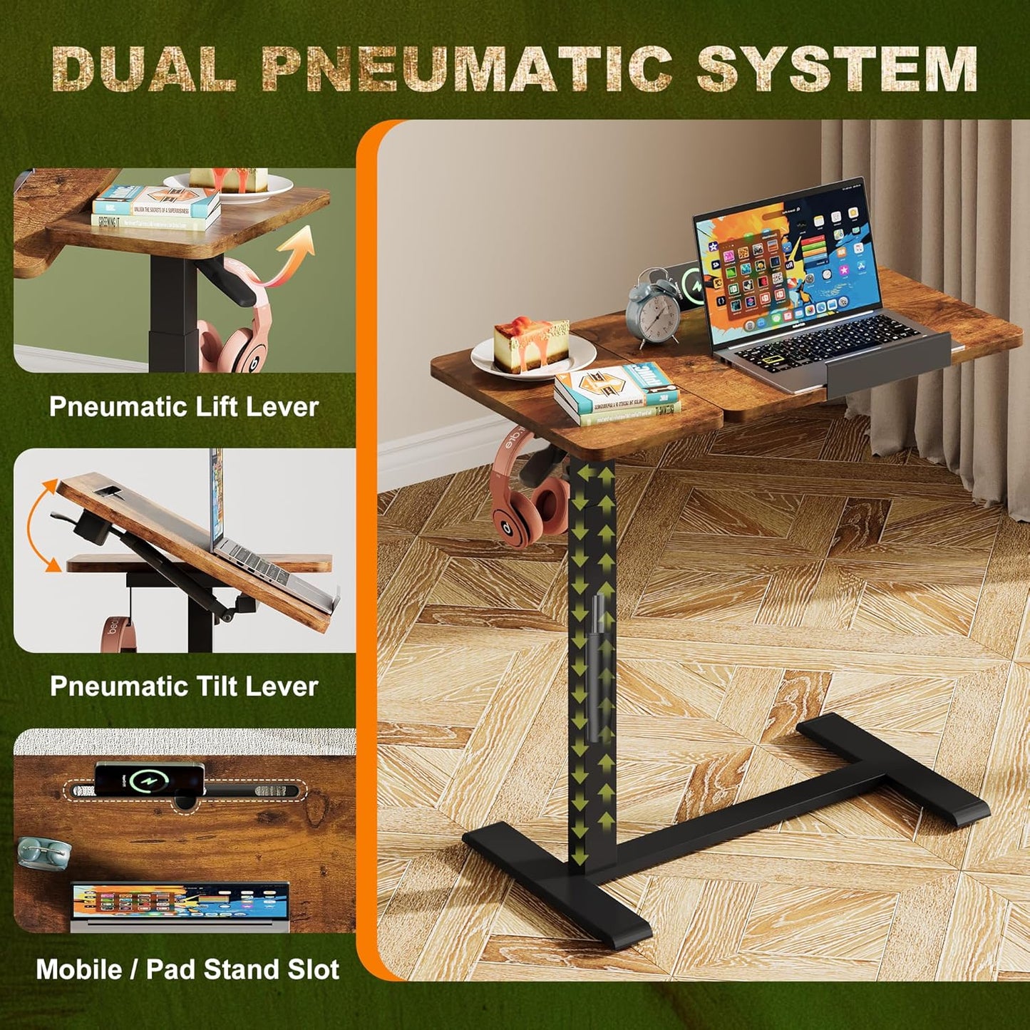 Standing Desk, Medical Overbed Table with Rolling Tray, Dual Pneumatic Angle and Height Adjustable Desk, Portable Side Table with Hidden Wheels, Home & Hospital Use, Rustic Brown