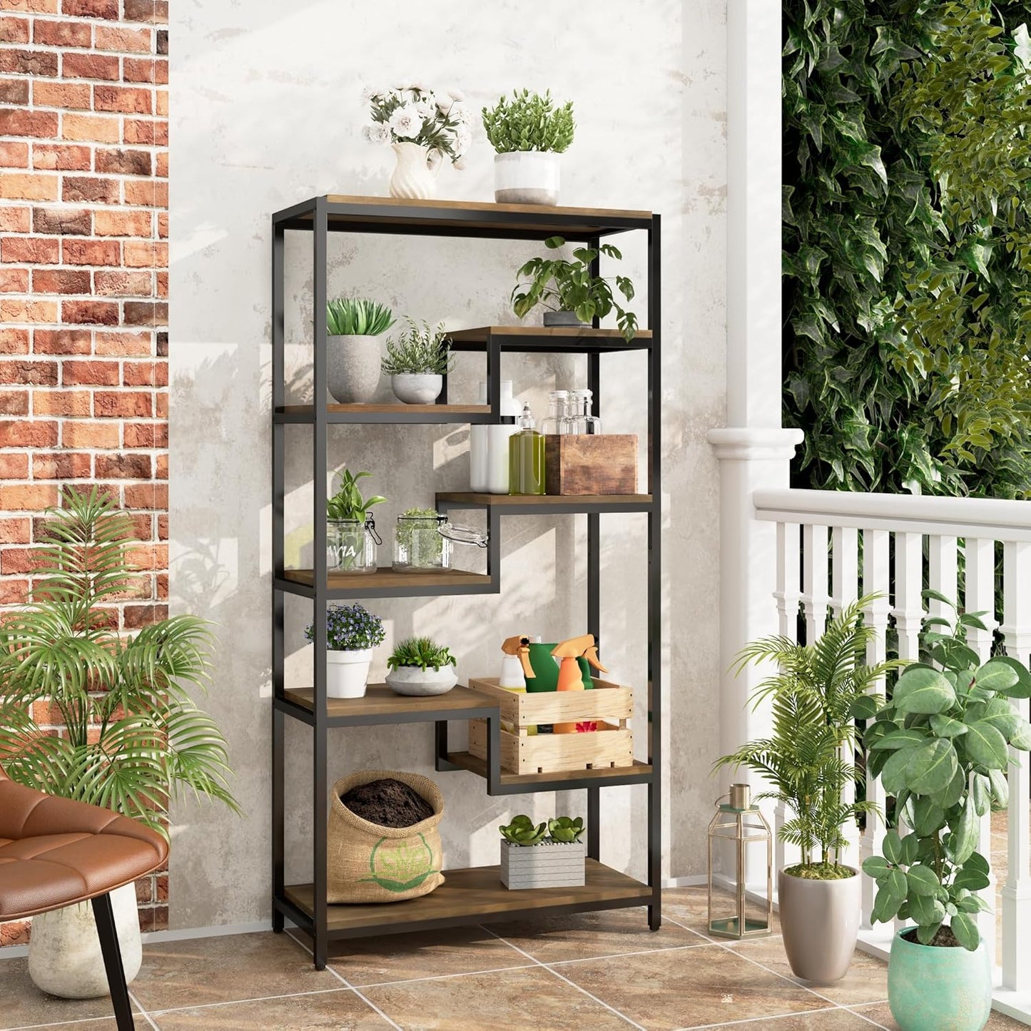 Solid Wood Industrial Tall Bookshelf - 7 Tier Staggered Bookshelves, 55’’H Rustic Brown Vintage Bookcase, Free Standing Open Bookshelf, Shelving Units Organizer for Bedroom Office Living Room.