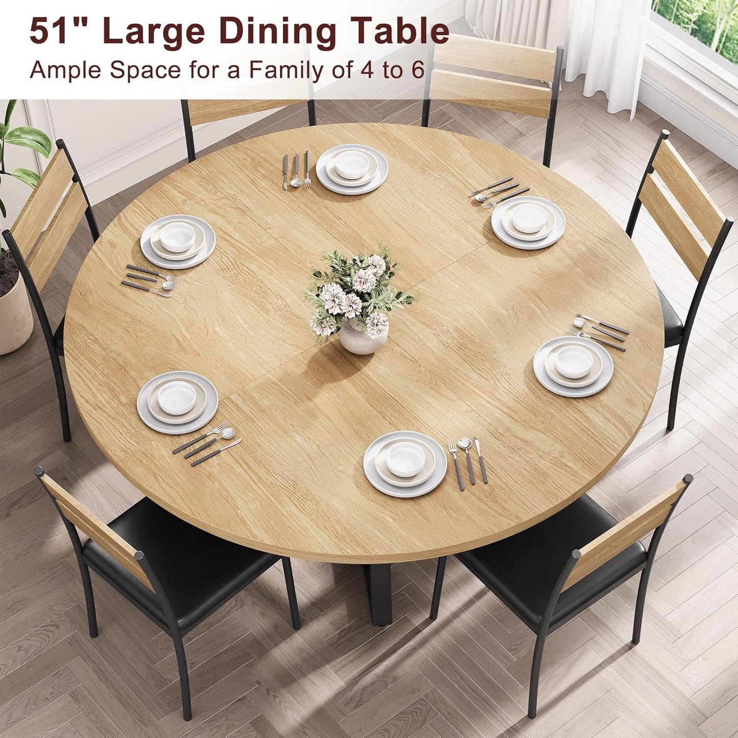 51'' Round Dining Table for 6,Kitchen Dining Room Circle Dinner Pedestal Table,Space Saving Wood Kitchen & Dining Room Furniture (Natual Wood, 51In)