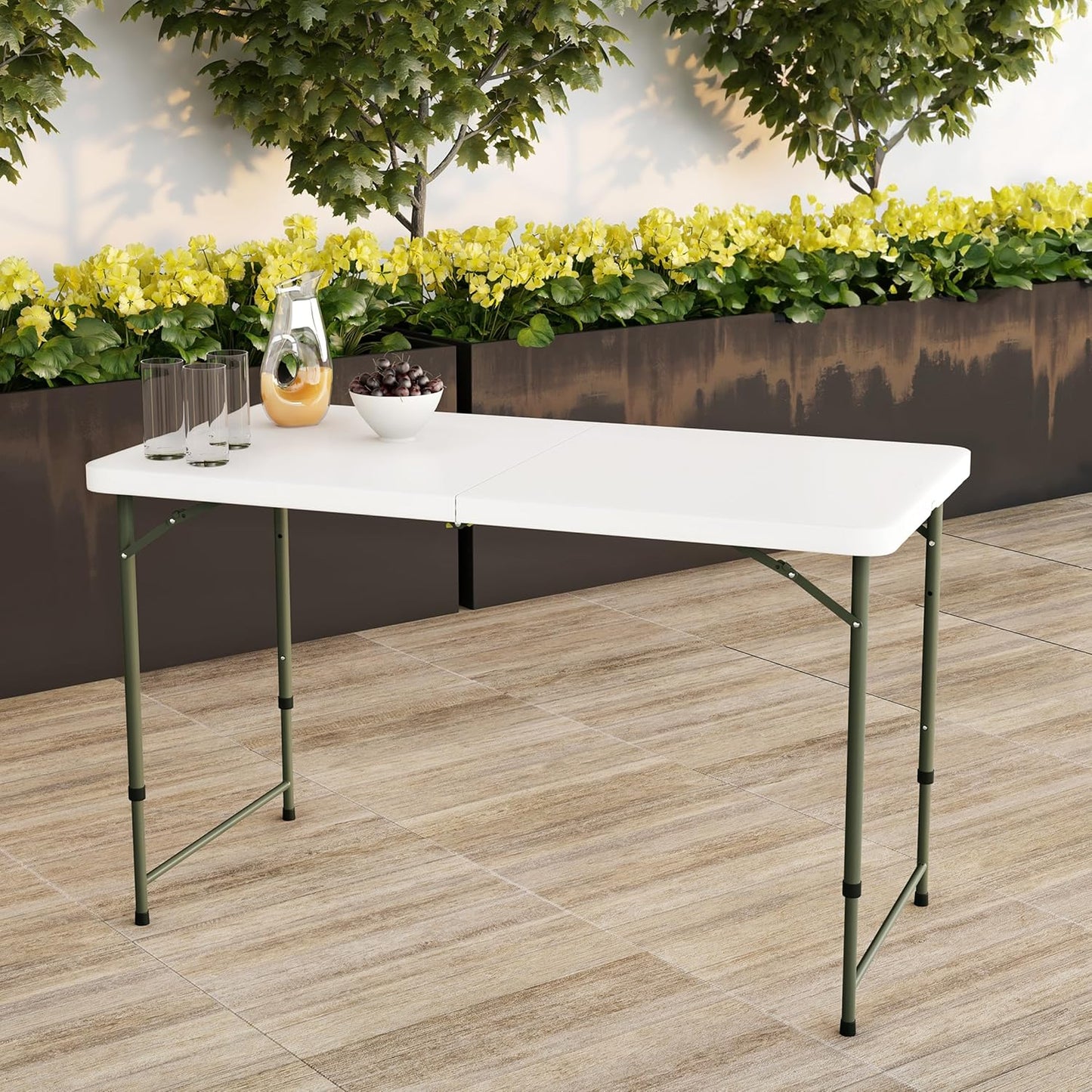 Adjustable Folding Table - Portable 4-Foot Plastic Utility Tabletop with 2 Height Settings - Indoor and Outdoor Seating by Lavish Home (White)