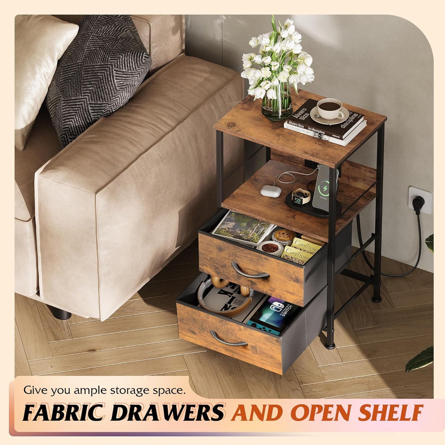 WLIVE Night Stand with Charging Station, LED Nightstand with 2 Fabric Drawers and Storage Shelf, Small Bedside Tables for Small Spaces, Dresser for Bedroom, Rustic Brown