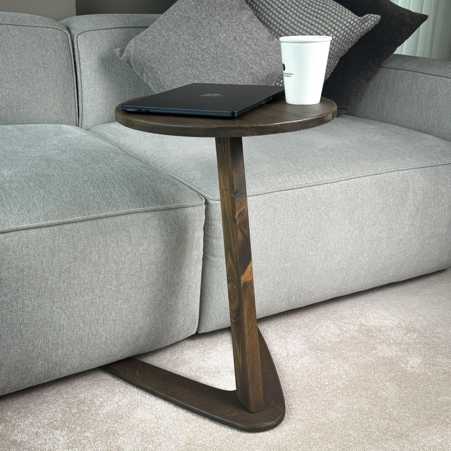 C-Shaped Handmade Solid Wood End Table, Side Table for Couches, Sofa Tables Slide Under Couch for Living Room, Over Couch TV Tray Table for Small Spaces (Medium, Dark Walnut)