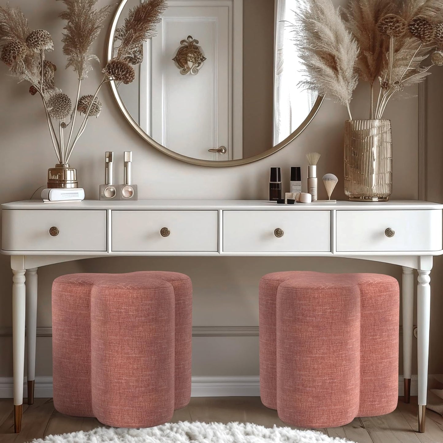 HomePop Upholstered Clover Shaped Ottoman (No Lid, Seat Only) Home Décor | Foot Rest Pouf – Pink Chenille