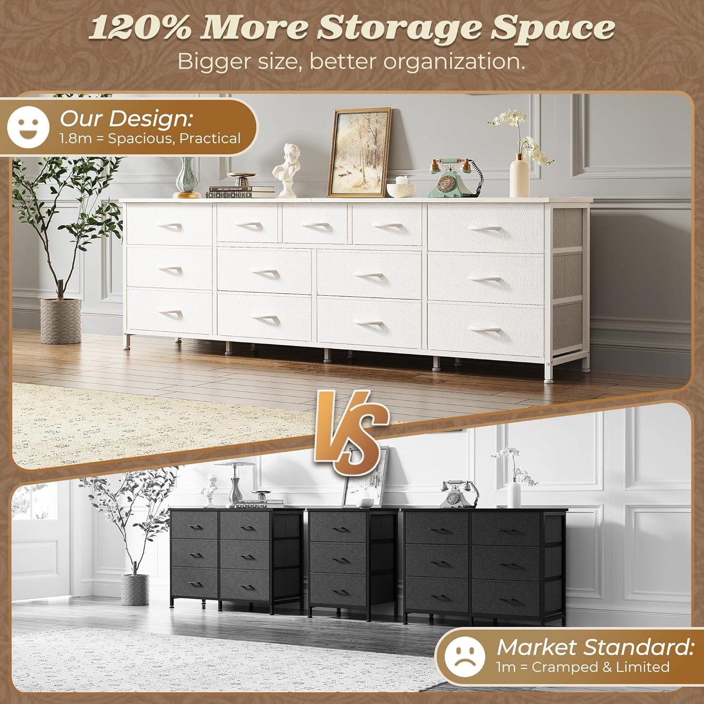 Huuger 70 Inch White Dresser for Bedroom, TV Stand for 65, 75, 80 Inch TV, 13 Fabric Drawer Long Dresser, Wide Chest of Drawer, Storage Units for Bedroom